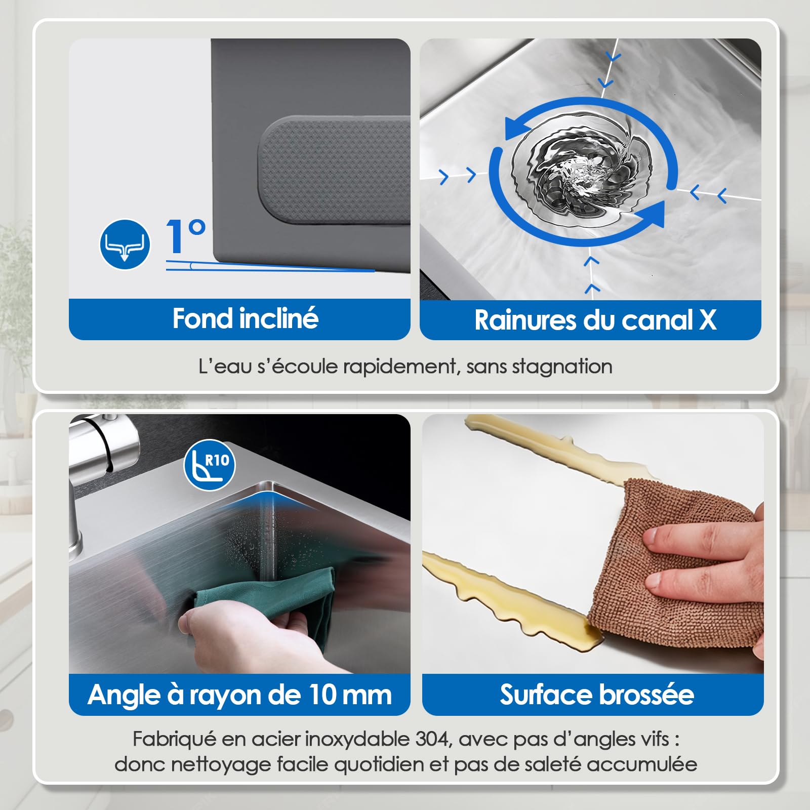 ROVOGO 50 x 38 cm Evier Cuisine en 304 Acier Inox, Kit de Vidage d'évier de Cuisine avec Trop-plein, Évier de Cuisine avec Trous pour Robinet, Lavabo Cuisine 1 Bac Brossée