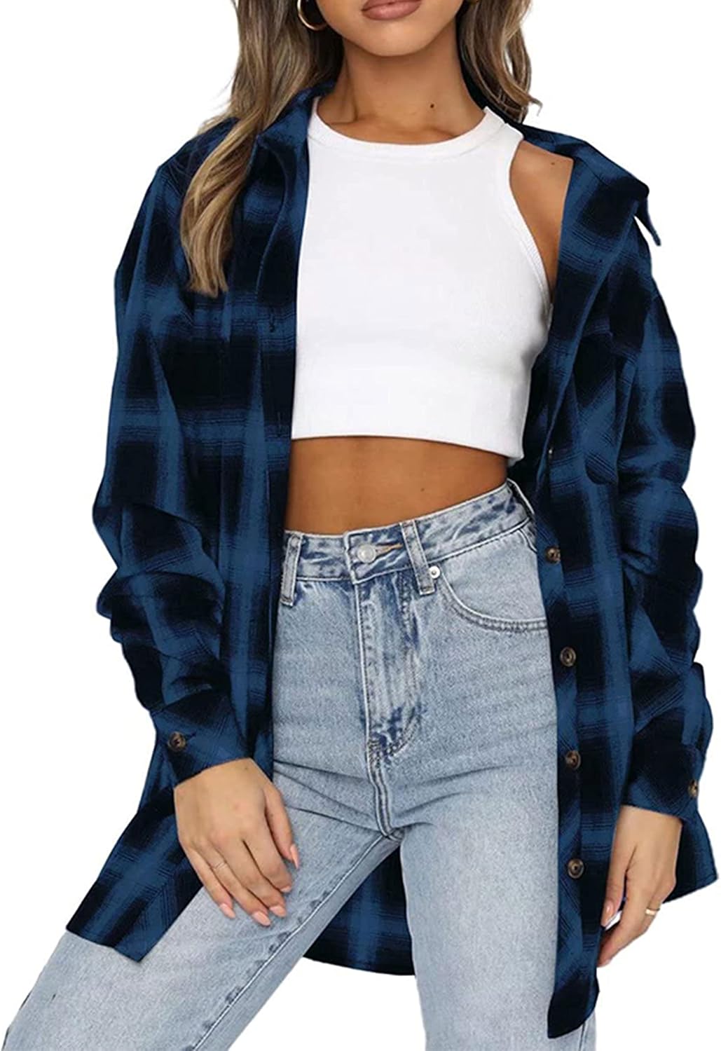 Zontroldy Womens Flannel Plaid Shirts Oversized Long Sleeve Button Down Buffalo Plaid Shirt Blouse Tops