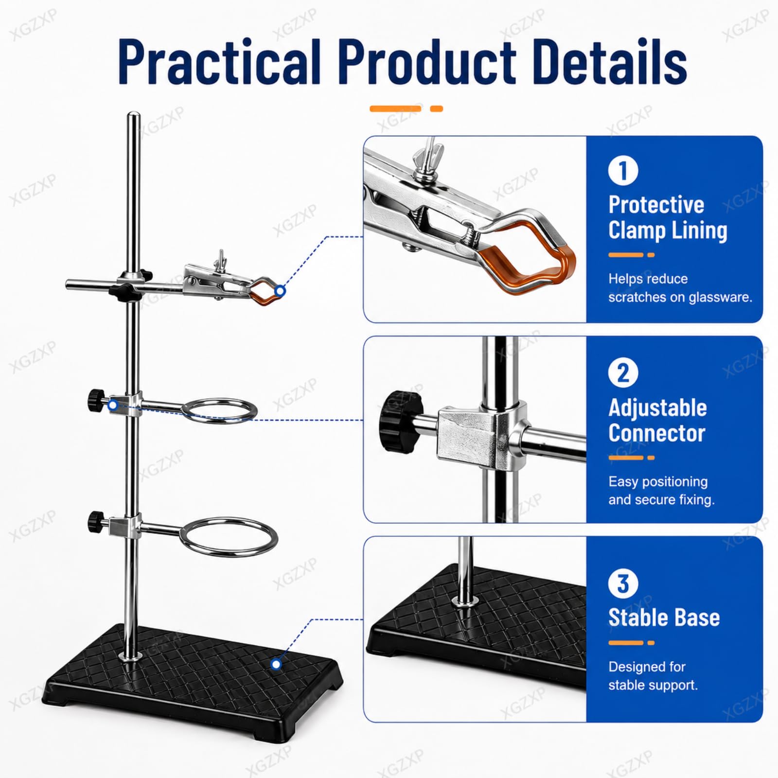 Supporto per Autoclave da Laboratorio, Set di Supporto per Laboratorio di Chimica con Morsetto per Buretta E 2 Morsetti Ad Anello per Fiasche, Ripiani in Stile Industriale, per 50cm
