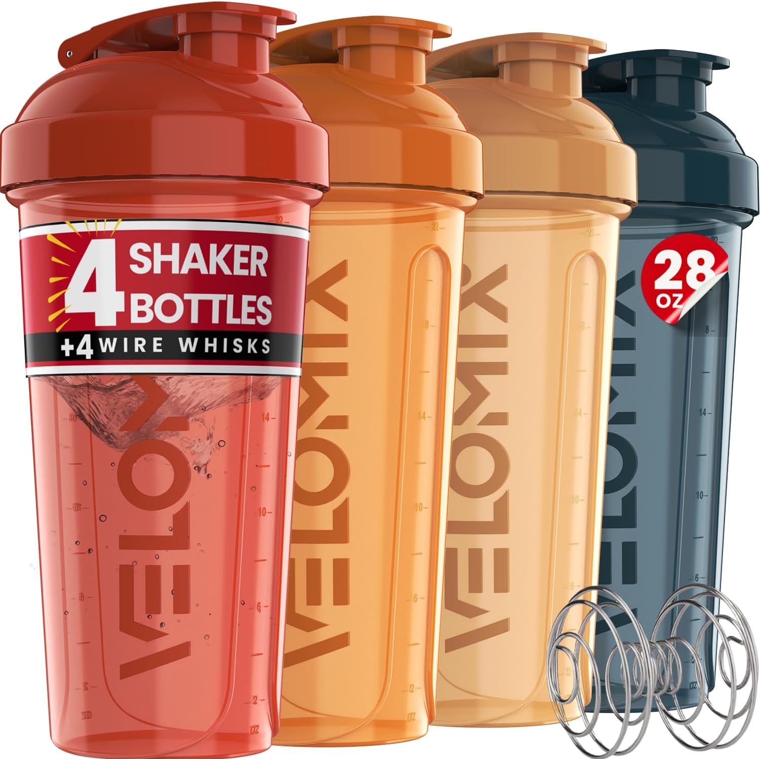 VELOMIX -4 PACK- 28 oz Protein Shaker Bottle for Protein Mixes - 4x Wire Whisk | Leak Proof Shaker Cups for Protein Shakes | Protein Shaker Bottle Pack | Protein Shake Cup (Amber Drift)