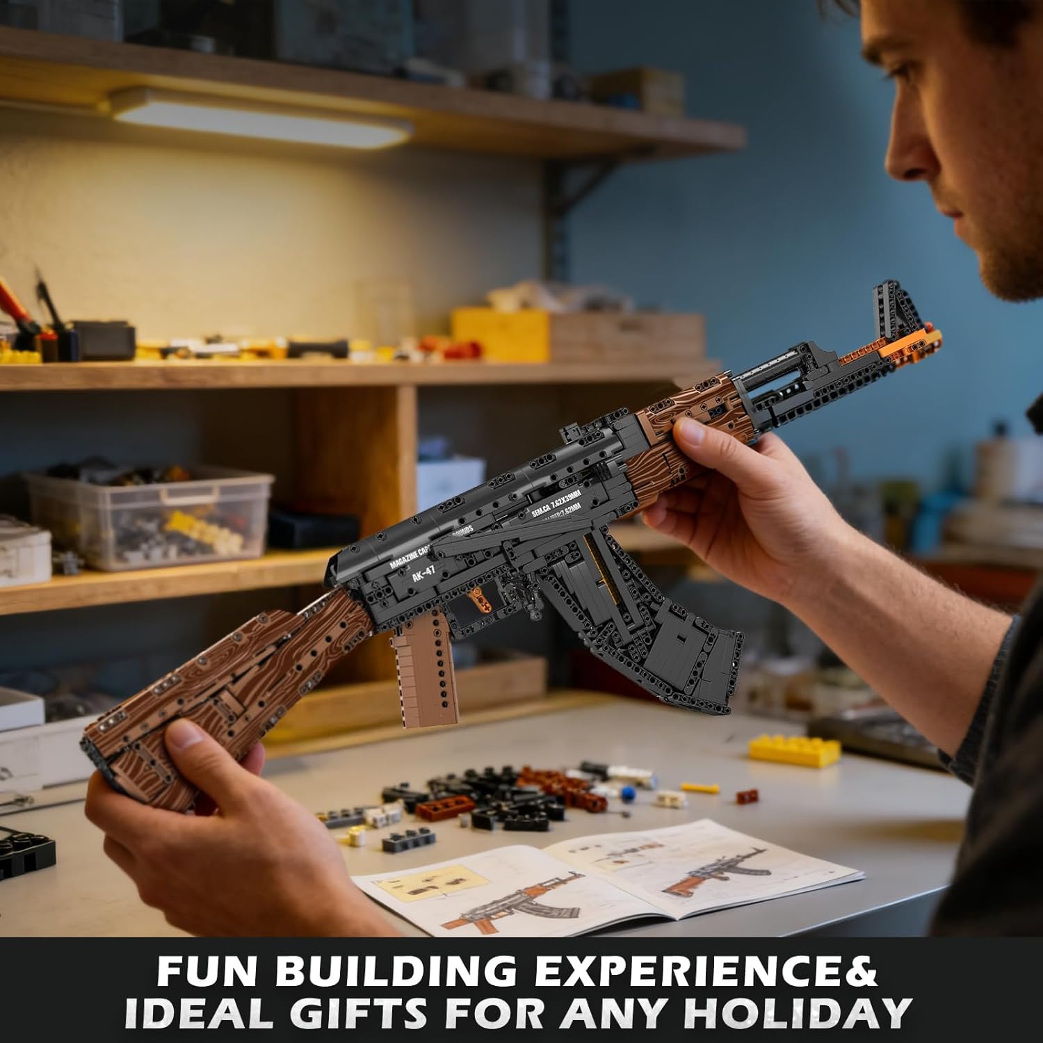 Reobrix Building Block Gun Toy Set for Adults, 1238Pcs 1:1 AK-47 Model Kit, Collectible Military Gun for Display, Ideal Gifts for Military Enthusiasts 14+