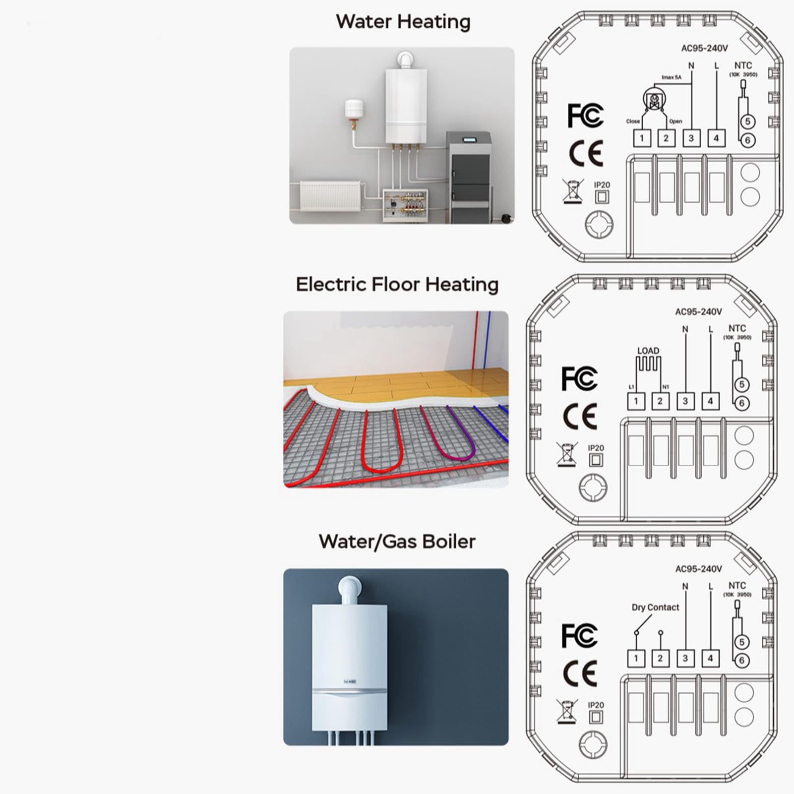 Termostato intelligente con 7 luci ambientali, nessun cavo C richiesto, controller schermo Nest Style TUYA WiFi da 1,32'', per il riscaldamento della caldaia a gas a pavimento (GC)