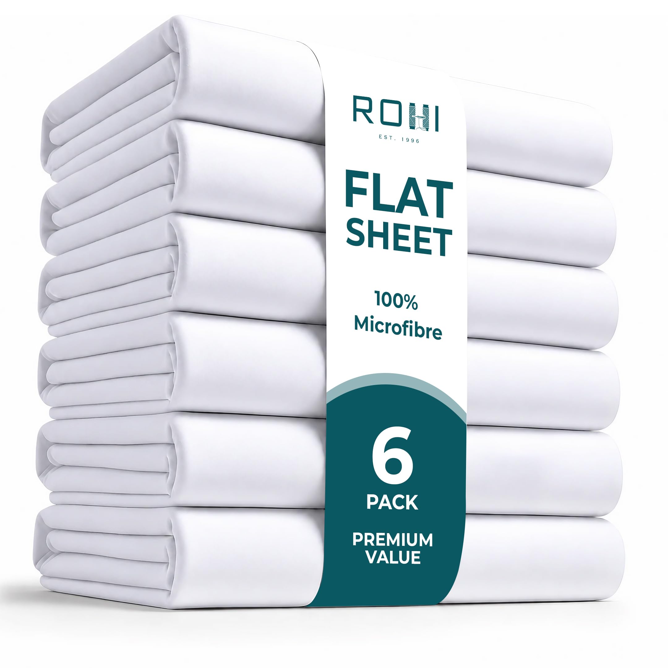 Rohi Microfibre Super King Flat Sheet 6 Pack White – Soft & Breathable | Anti Allergy Durable Top Sheets for Home, Hospital, Hotel, Spa Massage Therapy & More – Easy Care Bedding Sheets (228 x 255cm) — image 1