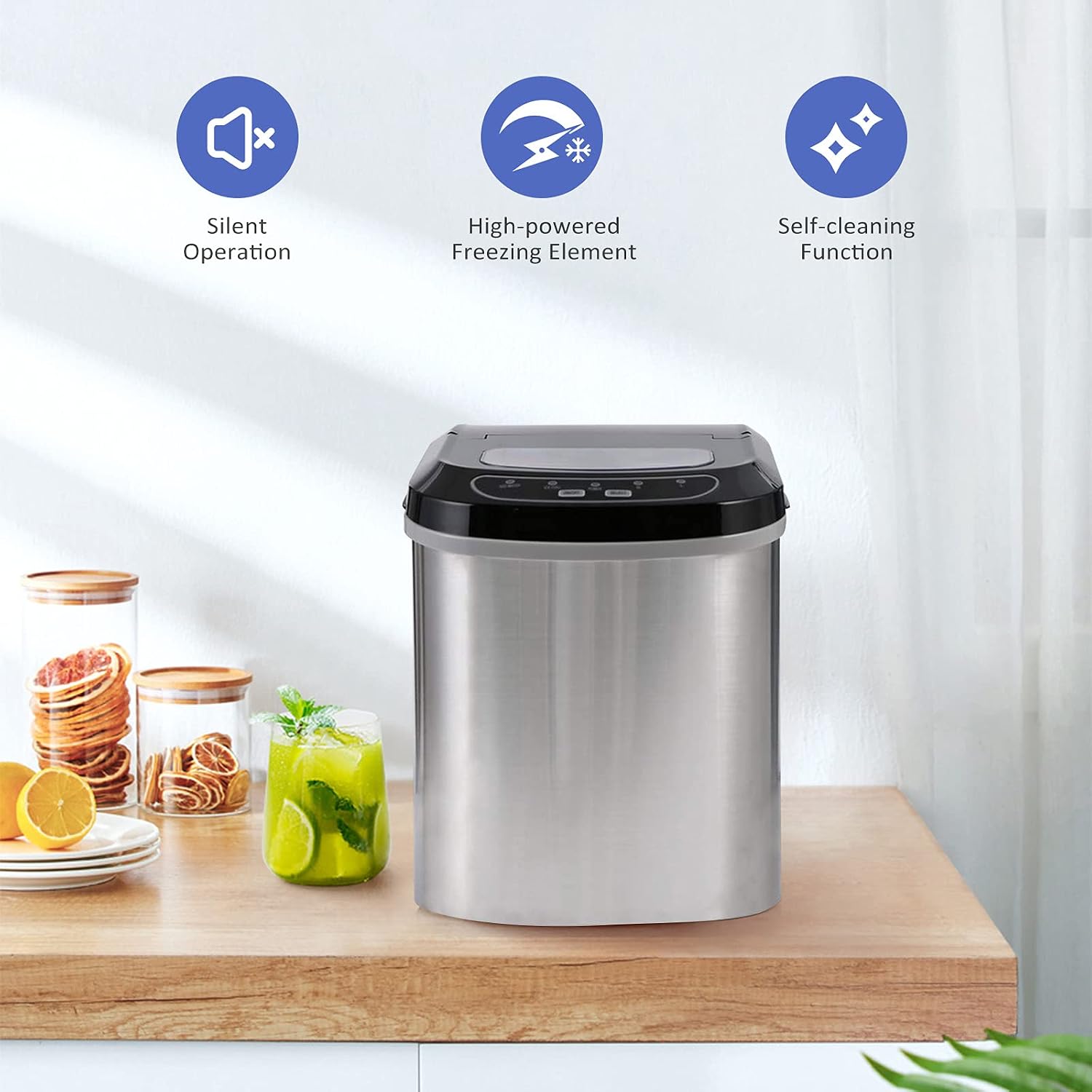Portable Ice Maker Machine for Countertop, Ice Cubes Ready in 6 Mins, Make 26 lbs Ice in 24 Hrs Perfect for Parties Mixed Drinks, Electric Ice Maker 2.2L with Ice Scoop and Basket (silver)