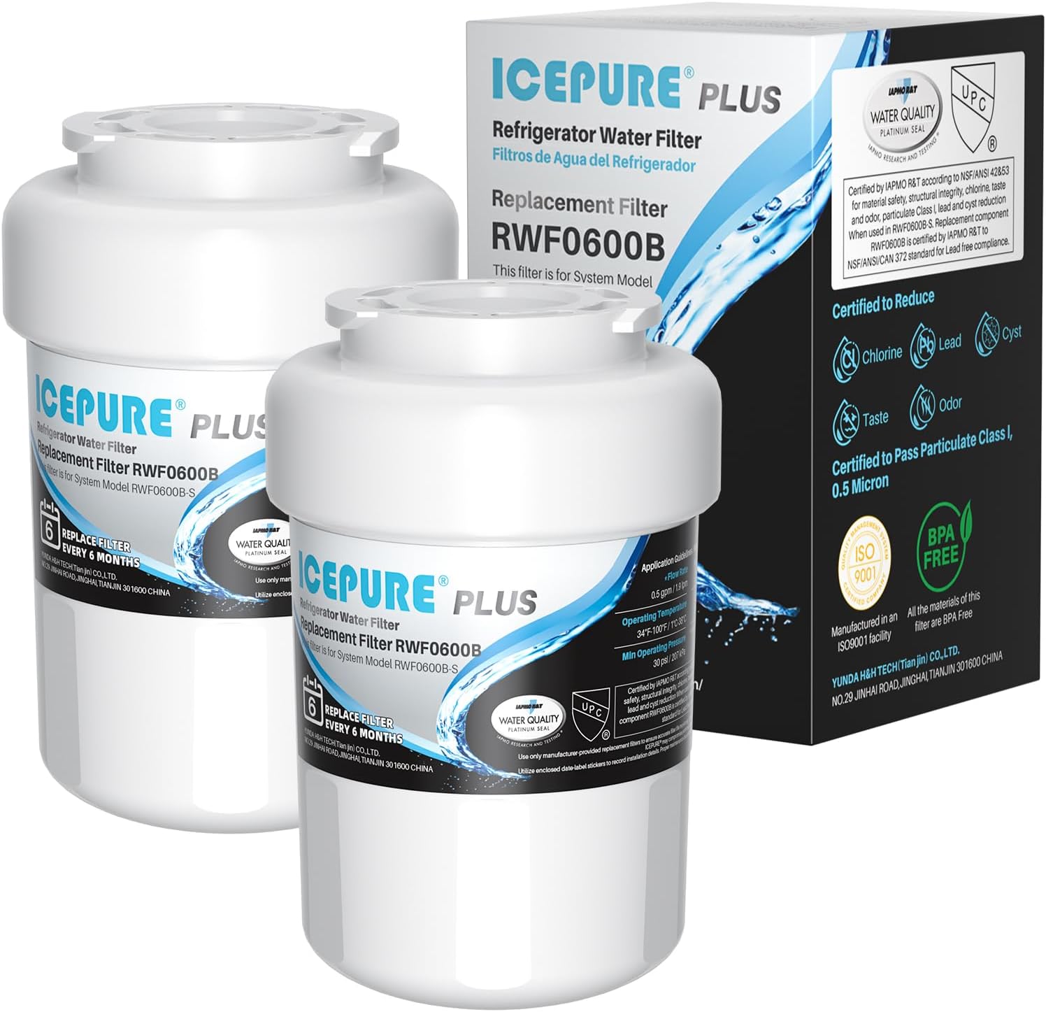 ICEPURE PLUS RWF0600B NSF/ANSI 53 & 42 Certified Refrigerator Water Filter, Remove Lead, Replacement for GE MWF, MWFINT, MWFA, HDX FMG-1, Kenmore 46-9991, GSE25GSHECSS, WFC1201, PC75009, 2PACK