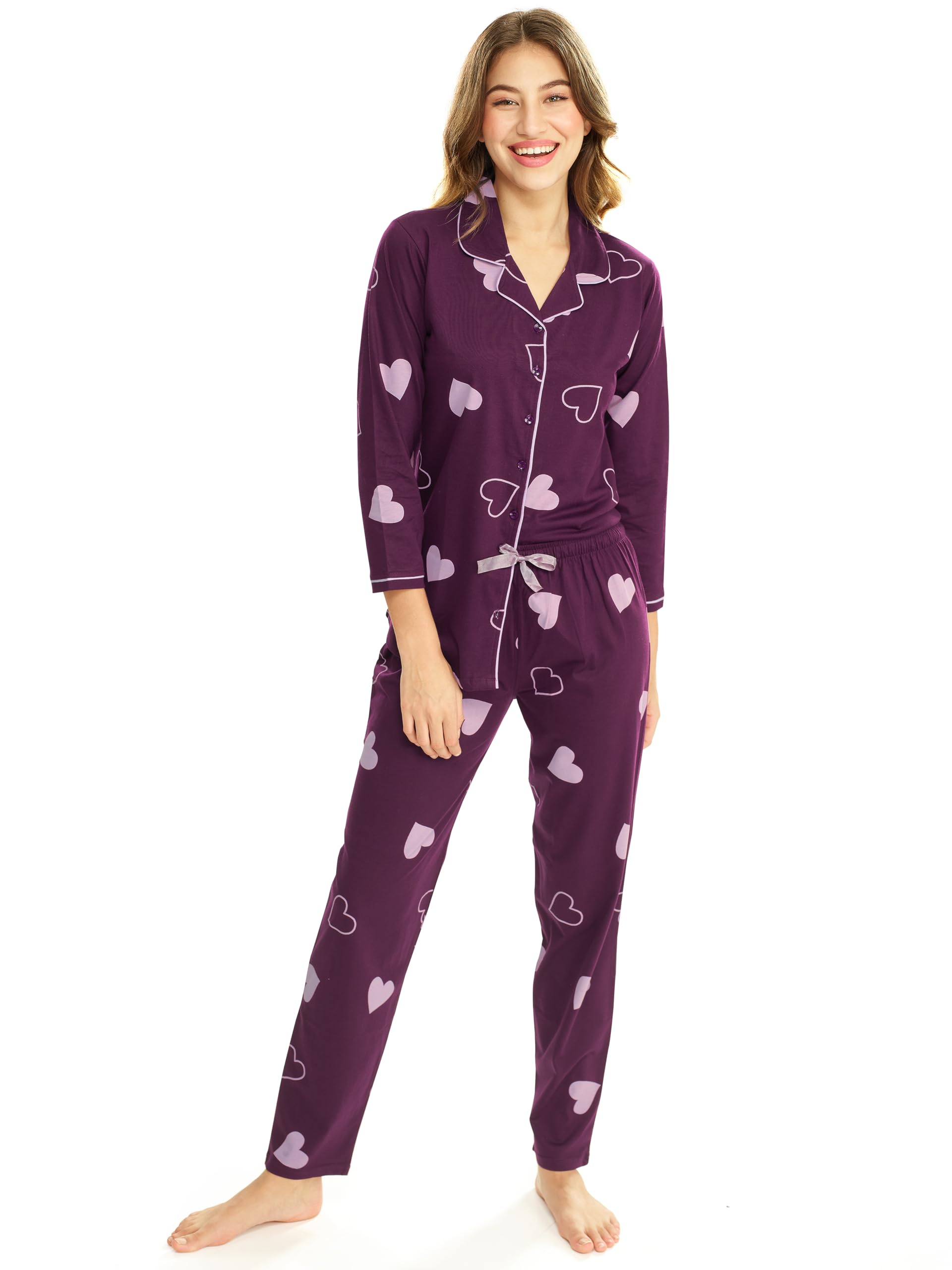 Women's Cotton Heart Print Shirt & Payjama Full Sleeve Nightsuit Set-image-32