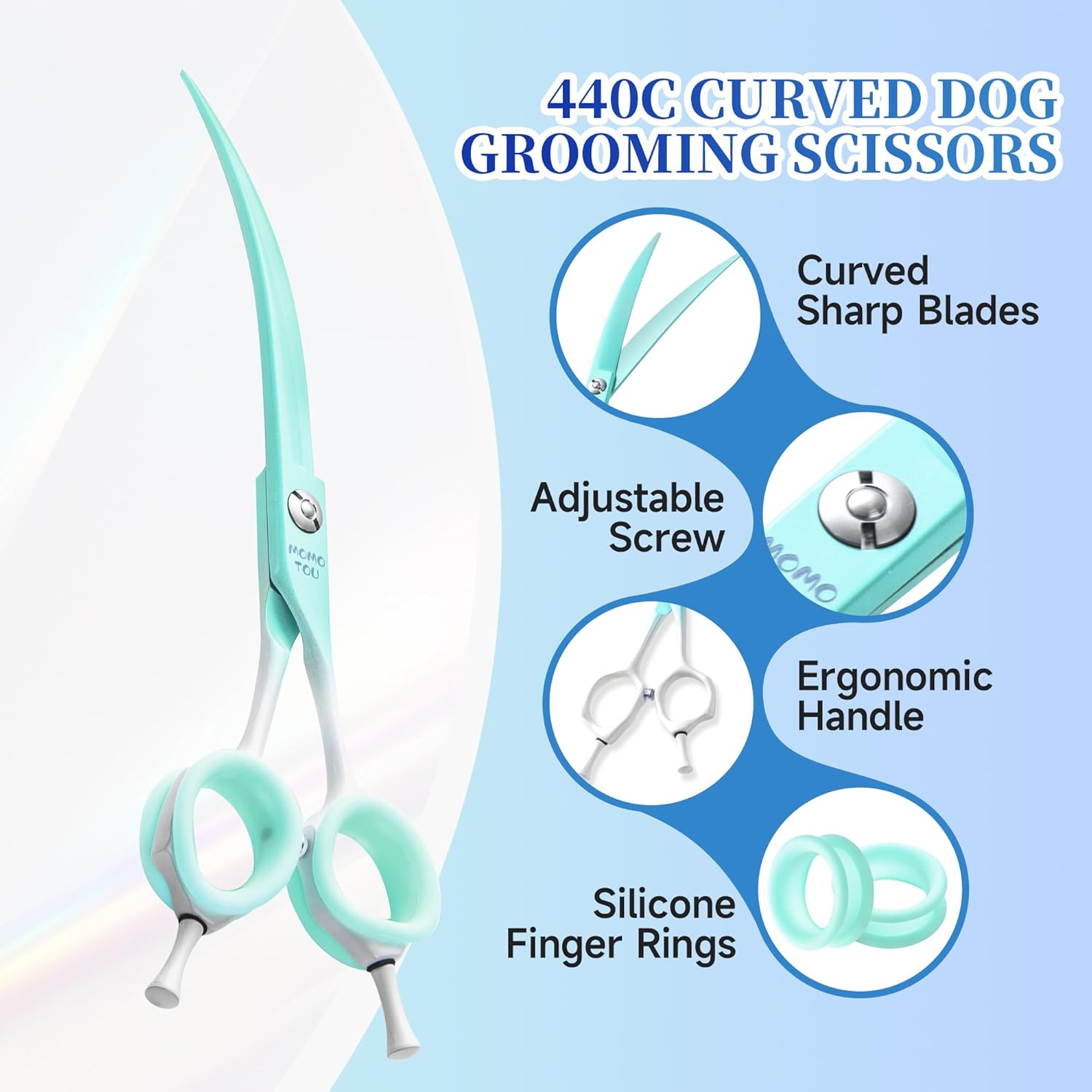 Curved Dog Grooming Scissors Green to White Gradient 440C Stainless Steel Sharp Durable Dog Shears for Professional or Home Use Ergonomic Handle with 2 Silicone Finger Rings
