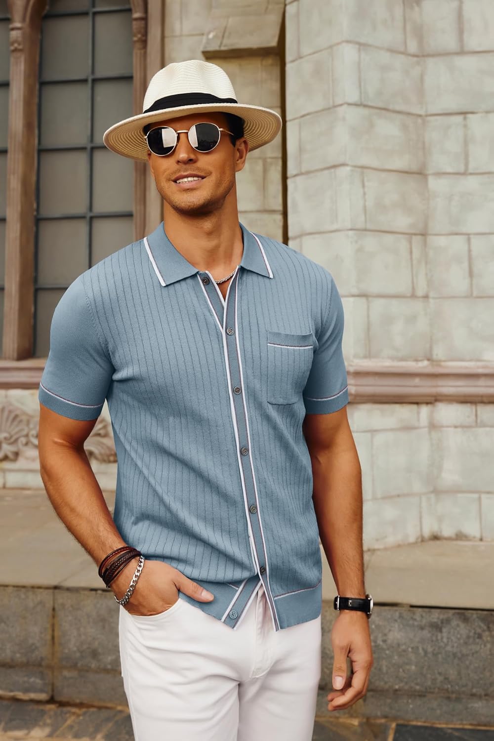 PJ PAUL JONES Mens Knit Shirts Short Sleeve Button Down Casual Shirt Vintage Old Money Polo Shirts Vacation Beach Tops