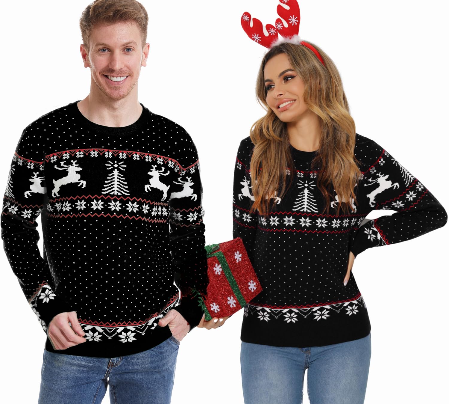 Enjyam Damen Weihnachtspullover Rundhals Langarm Strickpulli mit Rentier Schneeflocken Weich Warm Norwegerpullover für Winter