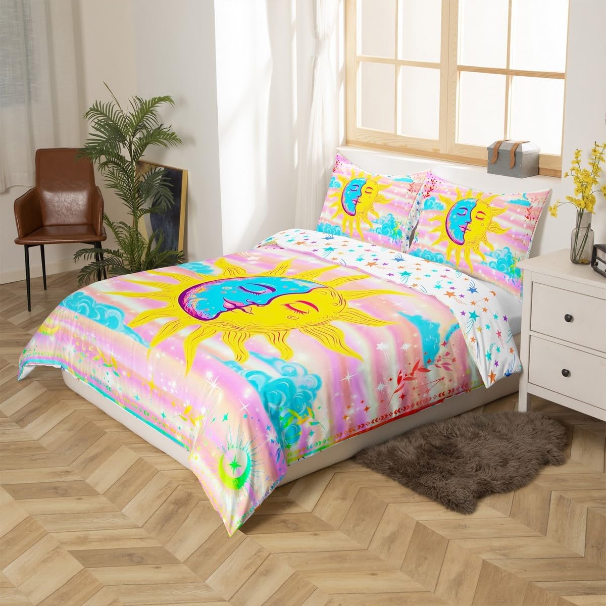Sun and Moon Duvet Cover Toddler for Kids Boys Girls,Watercolor Starry Night 2 Pieces Duvet Cover,Hippie Bohemian Galaxy Comforter Cover (Not Comforter),Psychedelic Colorful Boho Quilt Cover
