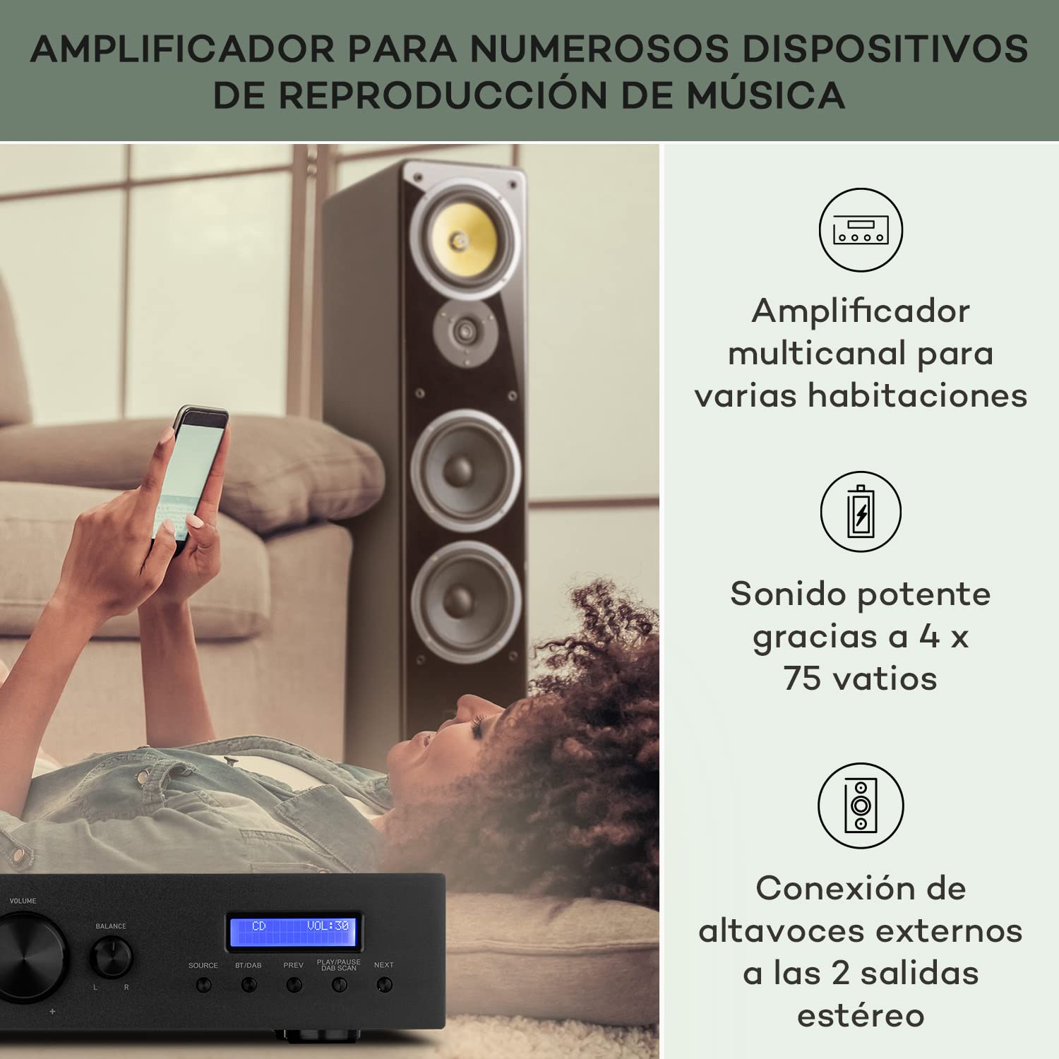 Auna Amplificador Audio Bluetooth para Equipo de Musica, Amplificador HiFi, AV y Control de Agudos y Bajo, Amplificadores Sonido con Subwoofer, 2 Canales de Audio y Altavoz con Mando a Distancia