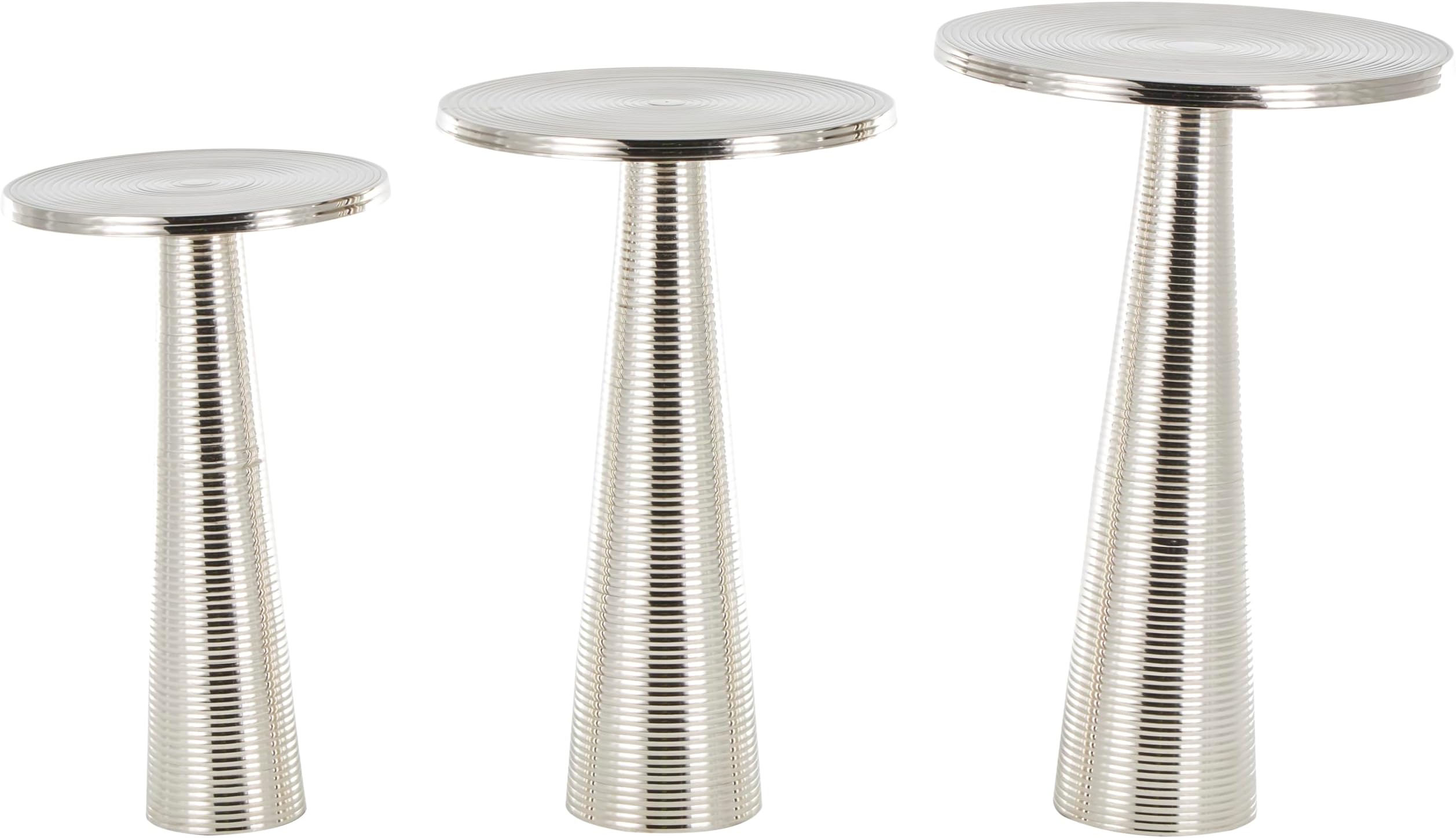 Aluminum Metal Side End Accent Table Ridged End Table with Layered Ring Tabletop and Cone Shaped Bases, Set of 3 Side Table 24", 22", 20" H, Silver