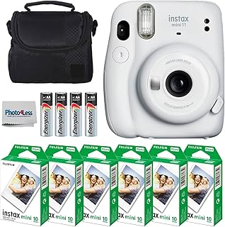 Fujifilm Instax Mini 11 Câmera Instantânea + 3 Pacotes Fujifilm Instax Mini Pacote de Filmes Instantâneos (60 Folhas) + Baterias + Capa – Pacote de valor superior, Ice white