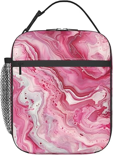 Miniatura 1 de Lonchera abstracta de mármol para niños, bolsa aislada con remolinos blancos y rosados para estudiantes, moderna, estética, reutilizable,