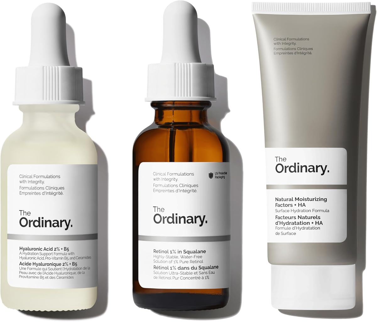 Fine Lines & Wrinkles Collection - Skin Care Bundle Set - Retinol 1% in Squalane 1 Fl Oz, Hyaluronic Acid 2% + B5 1 Fl Oz, Natural Moisturizing Factors + HA 3.4 Fl Oz