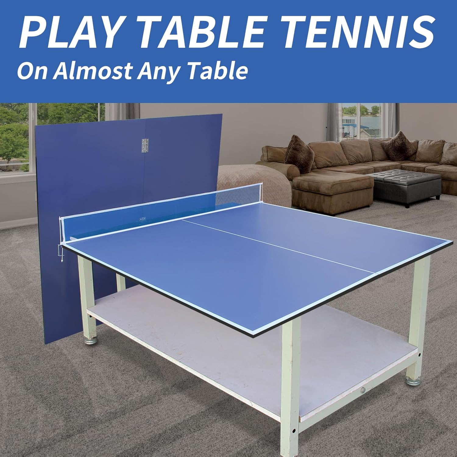 9ft Foldable Ping Pong Table Top, Blue MDF Conversion Top for Indoor Table Tennis Games, Portable & No Assembly Required, Includes Net and Posts, Easy Storage Design