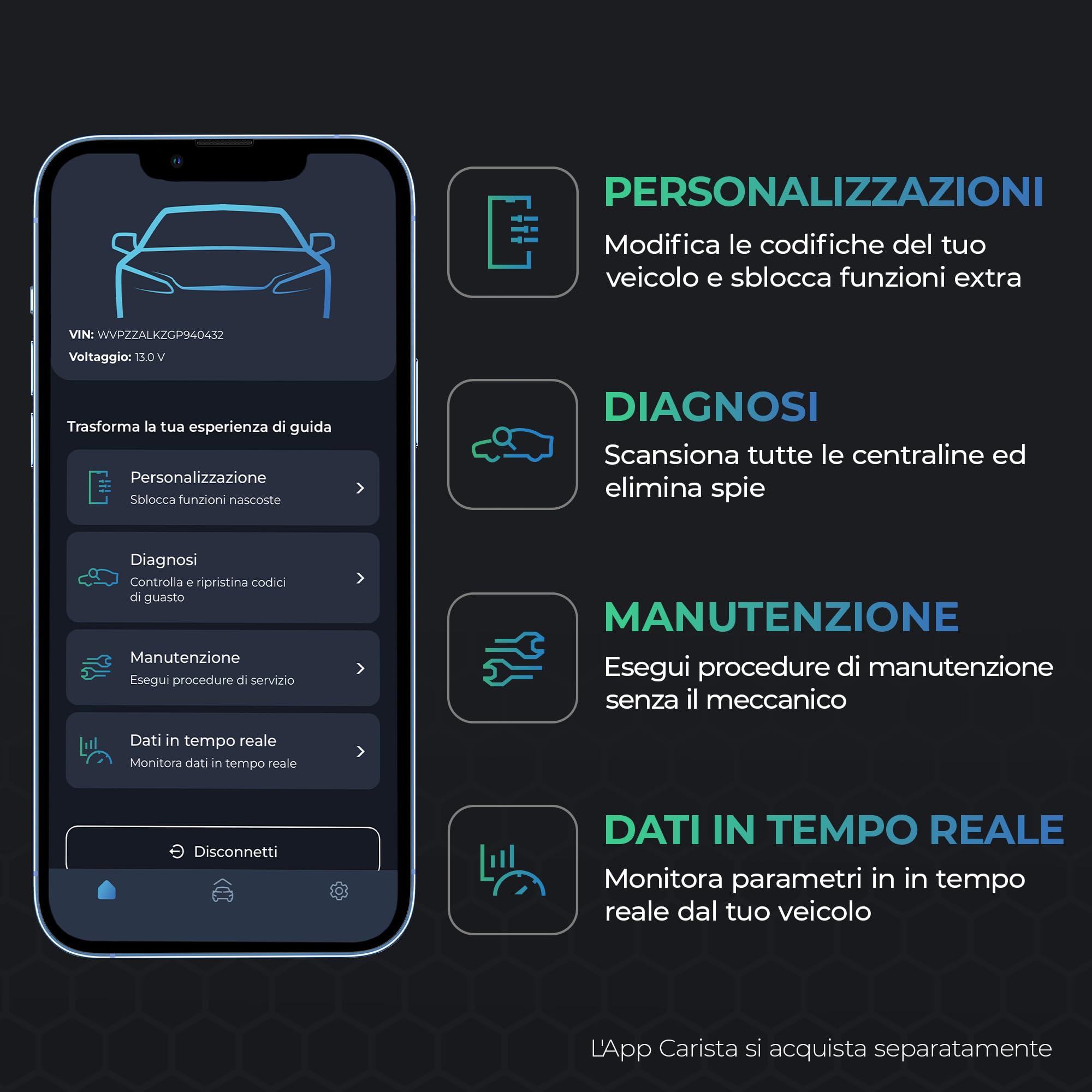 Carista EVO - Bluetooth Lettore: Diagnosi, Codifiche, Strumenti di Manutenzione e Dati in Tempo Reale (Abbonamento richiesto)