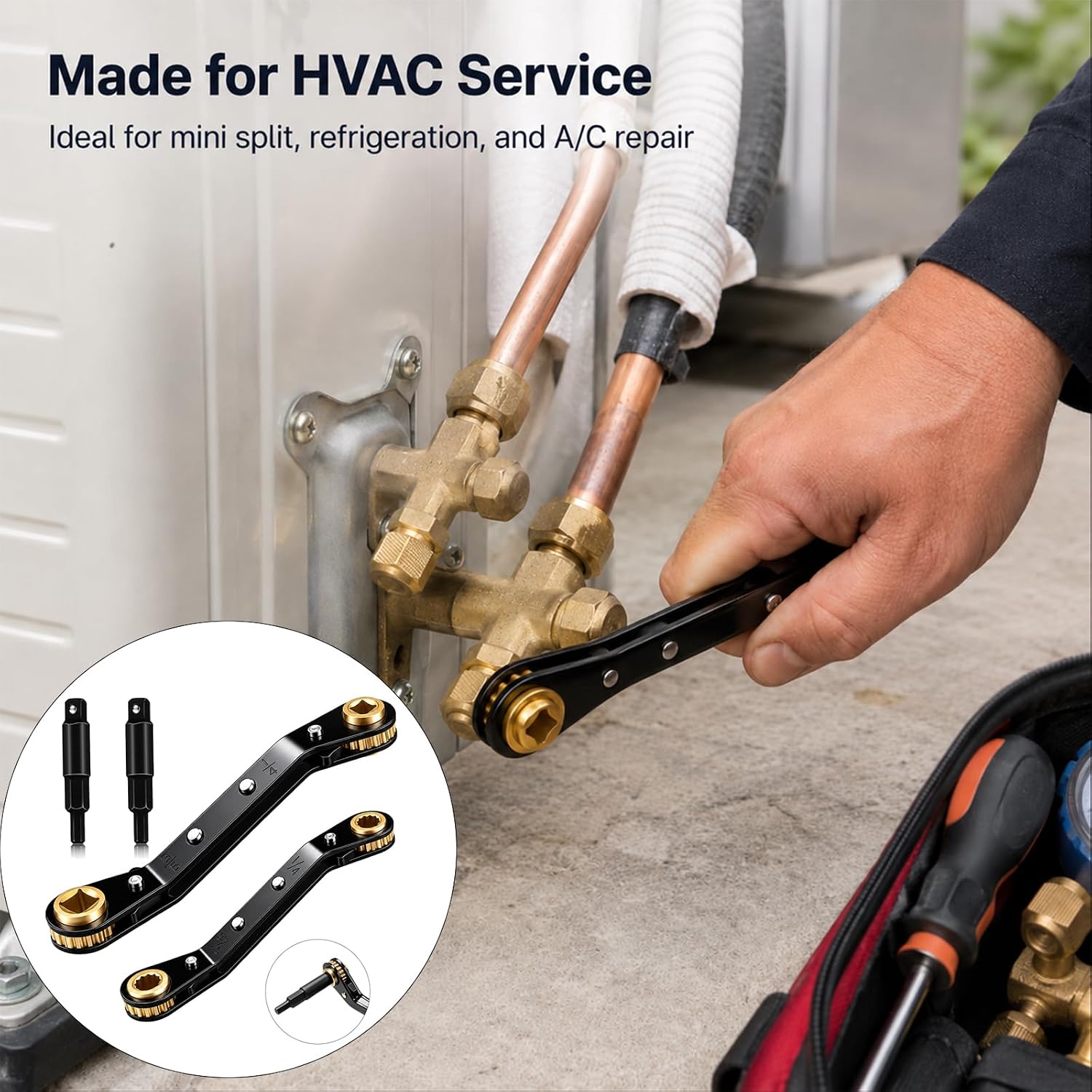 HVAC Service Wrench,3/16"-3/8" 5/16" x 1/4"Valve Wrench with Hex Adapters