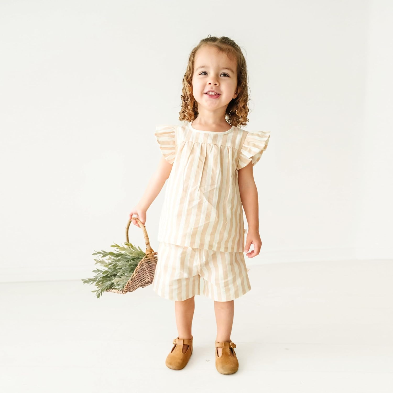 MakeMake Organics GOTS Certified Organic Cotton Baby Kids Toddler Girl Top and Short Outfit Set - Beige Stripes, 4-5 Years