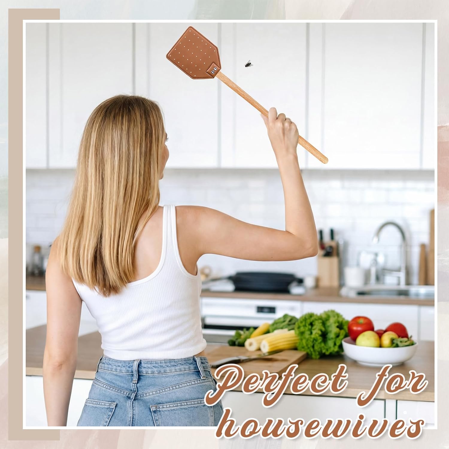 Sotiff 6 Pack Heavy-Duty Leather Fly Swatter Set - 19.7'' Handle Beech Wood Fly Swatters with Hanging Rope Rustic Style Bug Swatter for Indoors & Outdoor, Flies Mosquitoes Bees