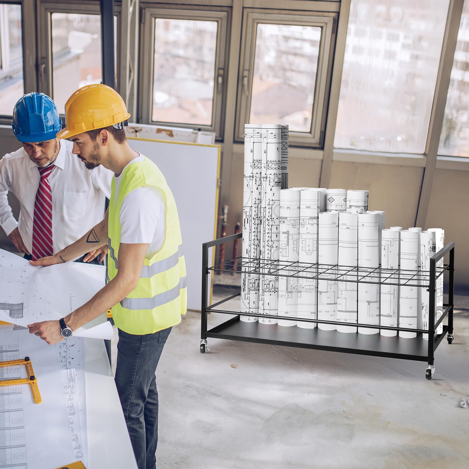 VEVOR Estante de Almacenamiento de Planos Soporte de Planos de 50 Ranuras con Ruedas Carrito de Almacenamiento de Planos de Metal Móvil para Planos de Construcción, Carteles arquitectónicos, Mapas