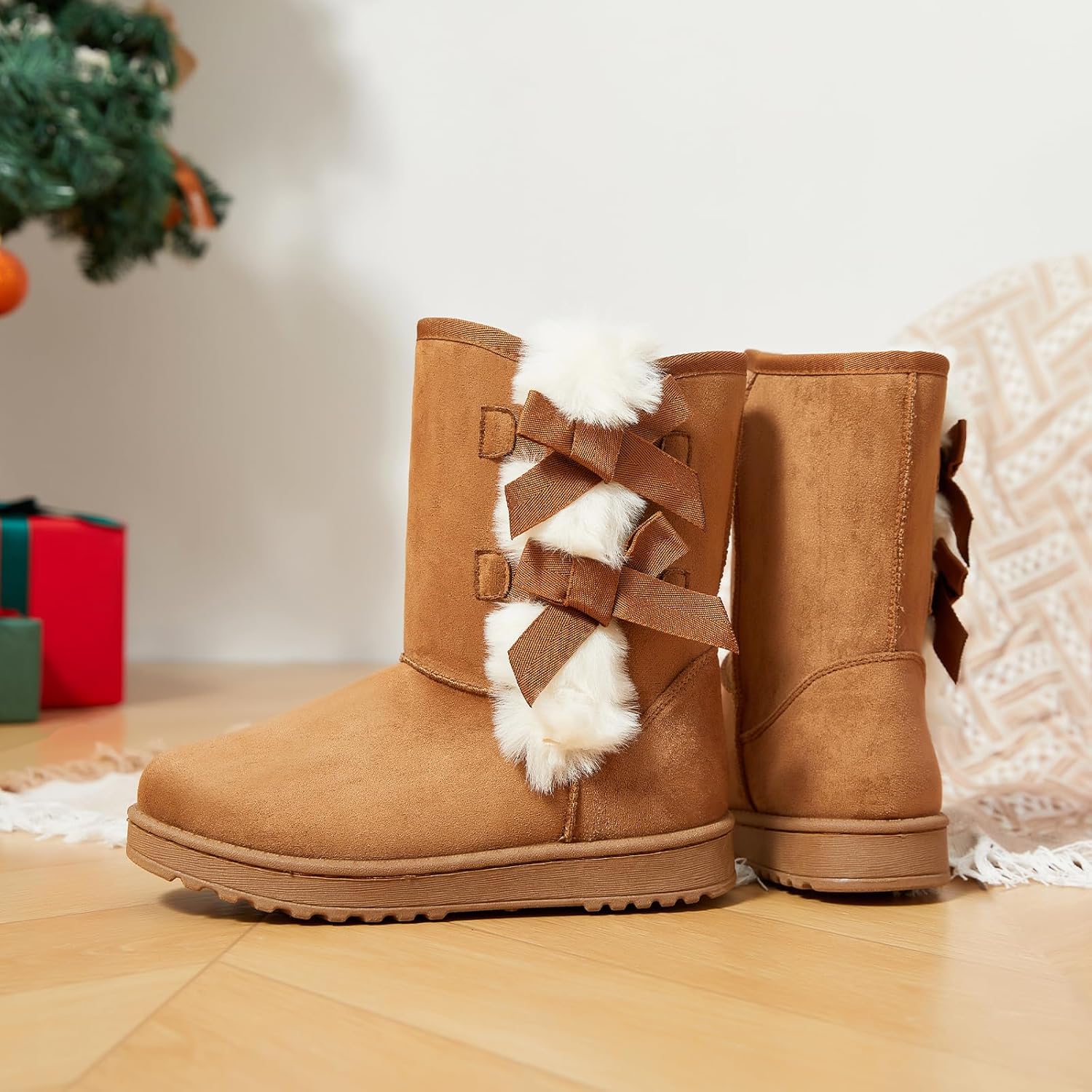 Eydram Women Winter Boots Fur Lined Fashion Mid Calf Boots for Women Warm Fuzzy Boots Comfortable Black Womens Snow Boots with Bowknot - Image 3