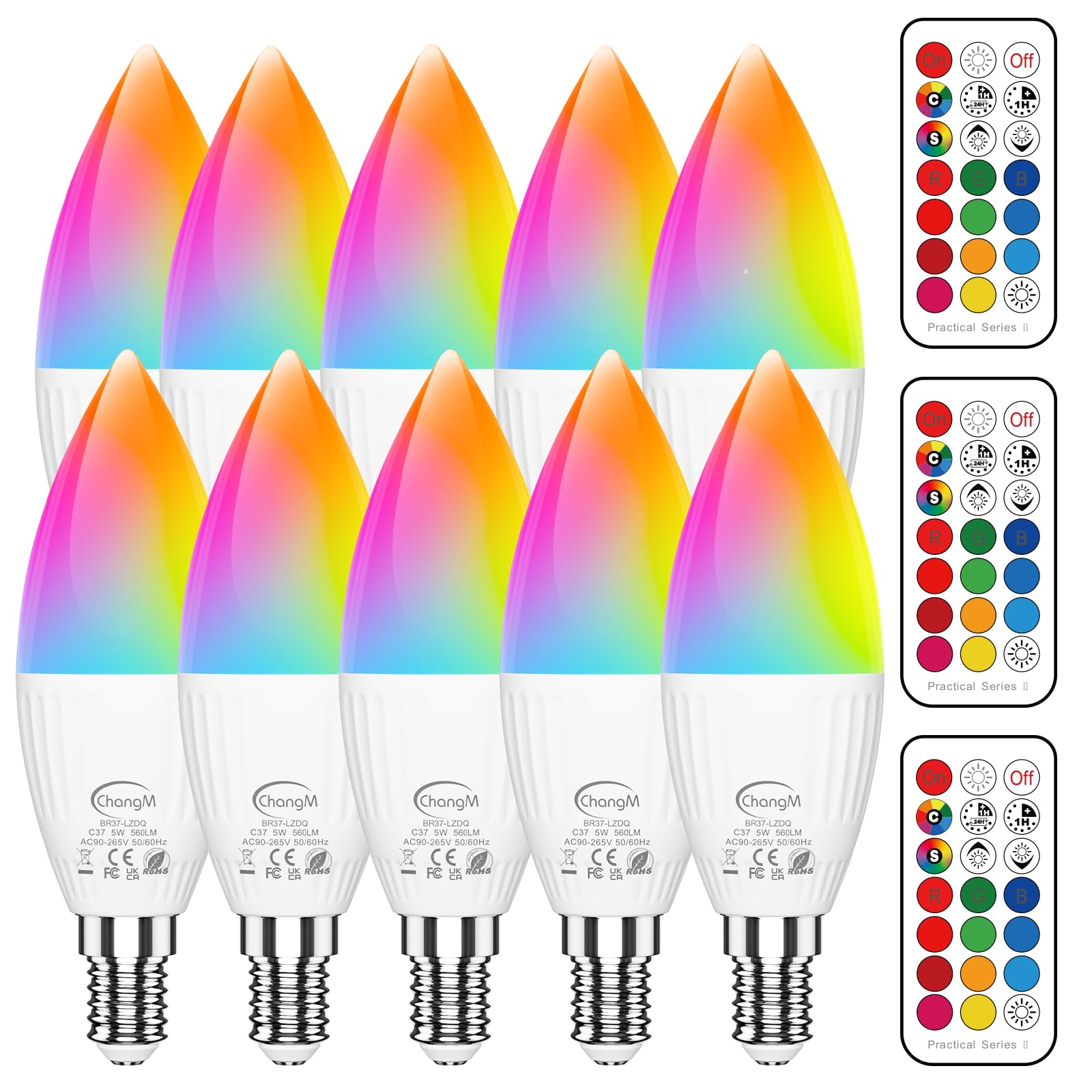 ChangM Lampadina LED Cambia Colore, Lampadina a Candela, RGB Dimmerabile E14 Candela Led con Telecomando, 5W (sostituisce 40W) Bianco Freddo 5700K, Confezione da 10