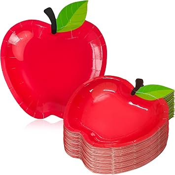 Woozettn 50 Pcs Red Apple Paper Plates Back to School Decorations,First Day of School Apple Shape Plates,Disposable Tableware Dinnerware for Preschool Graduation Party Supplies