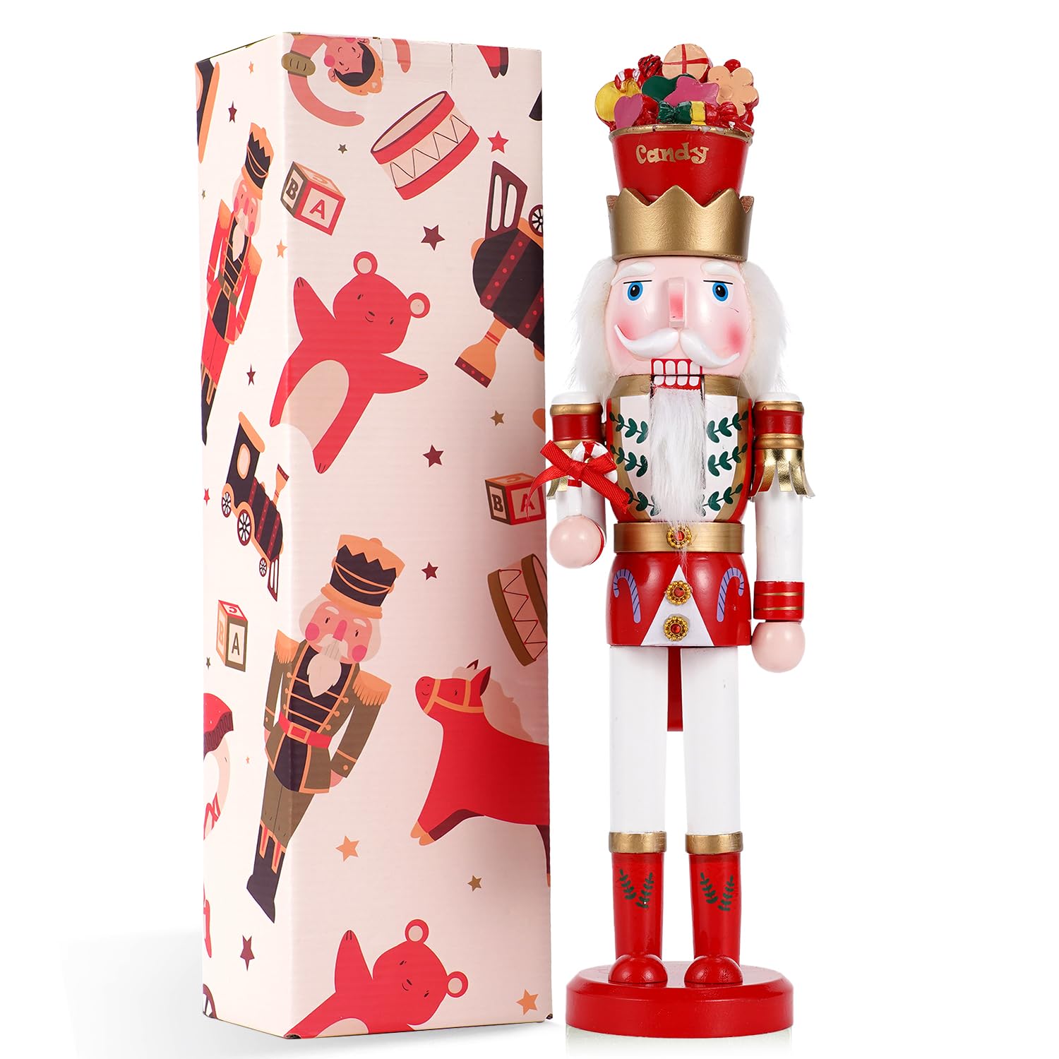 Schiaccianoci gigante da 38 cm (15 pollici) con bastoncino di zucchero e ghiaccio - Figura da collezione in legno - Decorazione natalizia creativa per casa, feste o come regalo (versione