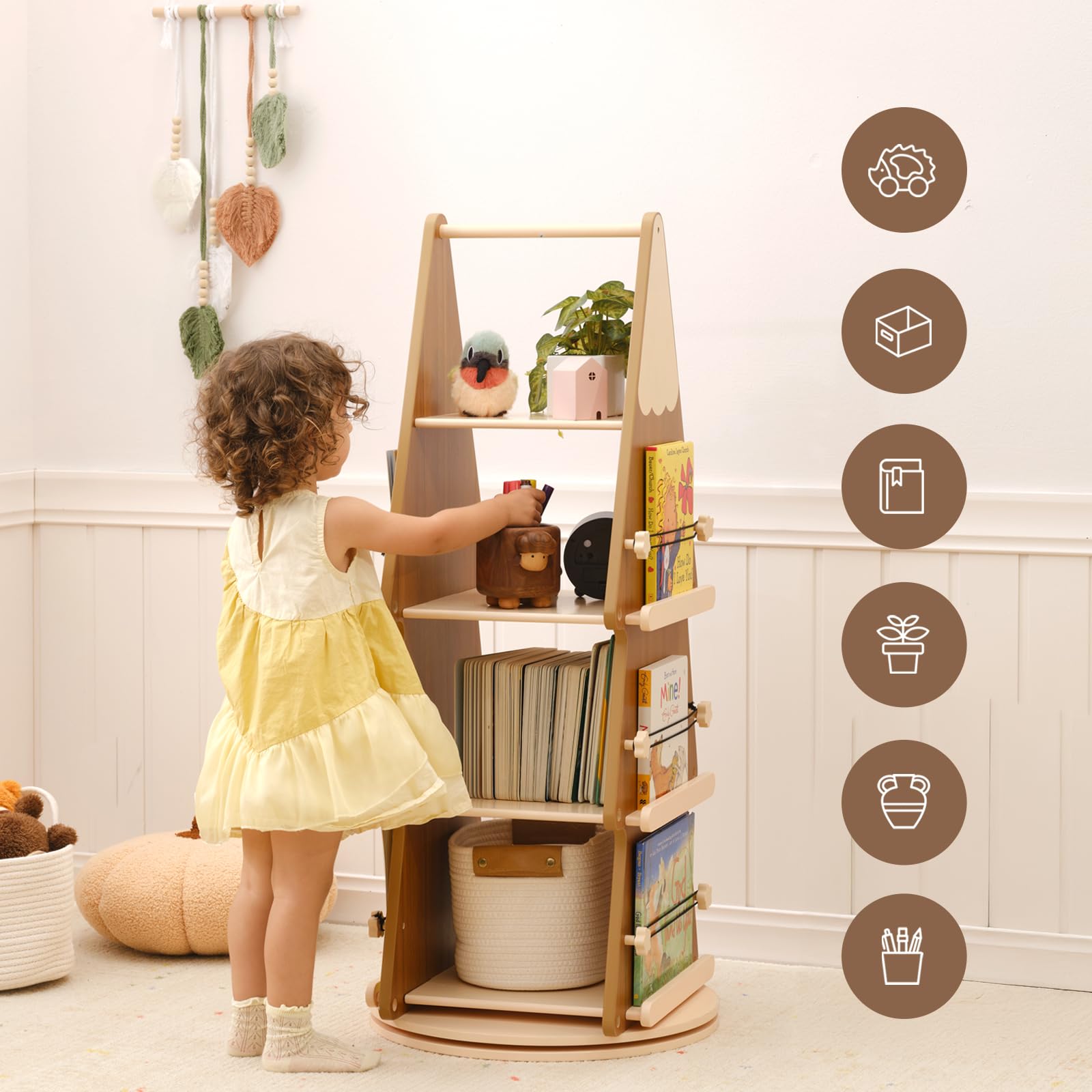 OOOK Bibliotheque Rotative Enfant, Bibliotheque Tournante à 4 Niveaux, Étagère Livre Enfant Bois Massif à 360°, étagère à Livres pour Chambres d'enfant, salles de Classe, Chambres de bébé