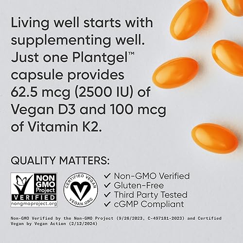 Miniatura 4 de Sports Research Vitamina D3 K2 con aceite de coco MCT  Vegano D3 2500iu (62.5 mcg) y vitamina K2 a base de plantas como suplemento MK7  Certificado