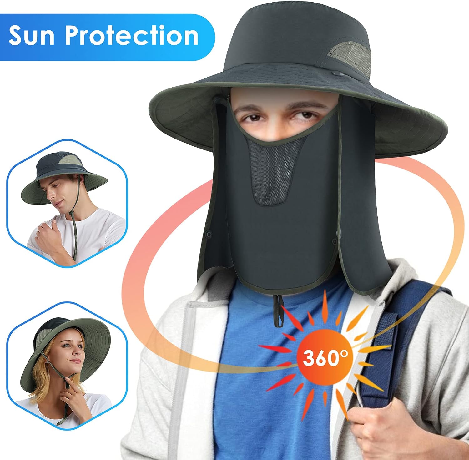 BROTOU Sun Cap Fishing Hats, UPF 50+ Wide Brim Outdoor Protection Hat, Sun Hat with Face & Neck Flap Cover for Men and Women Grey : Sports & Outdoors