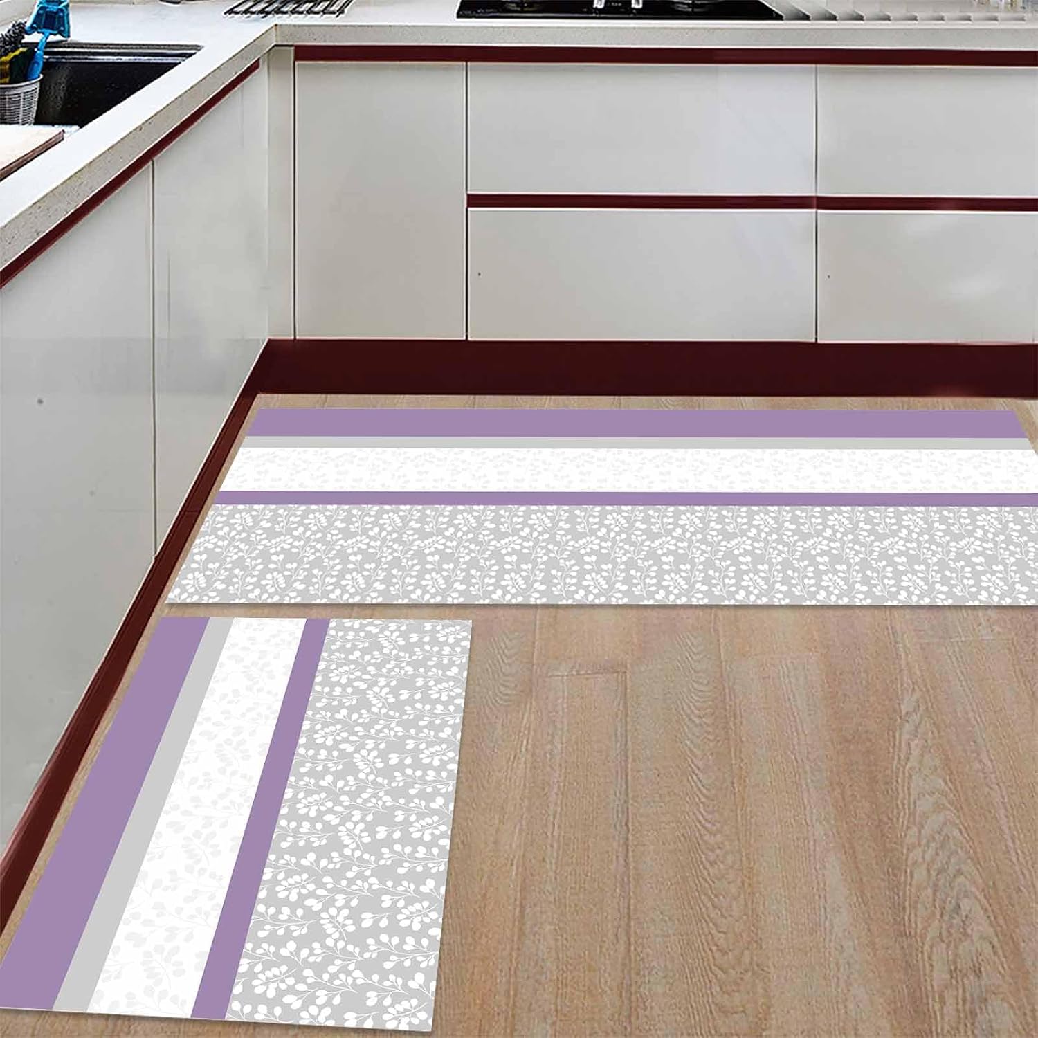 2 Pieces Kitchen Rugs and Mats,Purple Grey Stripe Stitching Area Runner Rug Set Non Slip Floor Doormat Washable Carpet Standing Mat for Kitchen Sink Indoor Corridor,Rustic Pastoral Flwoer