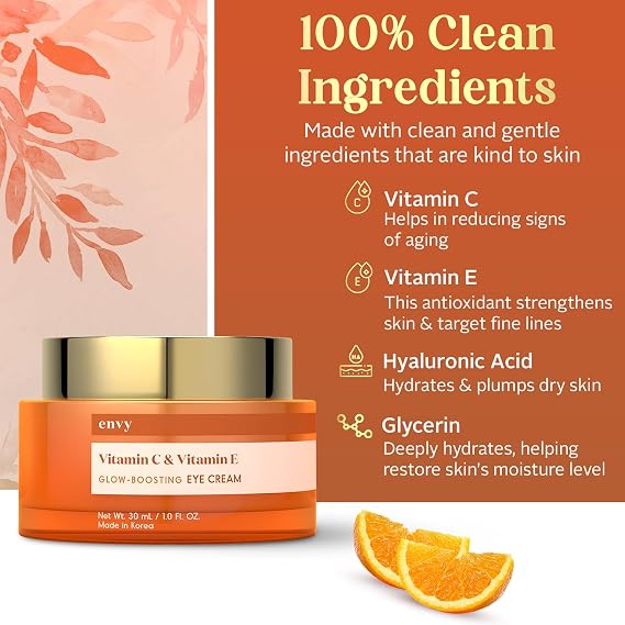 Envy Vitamin C & Vitamin E Under Eye Cream Visibly Improves Dark Circles & Puffiness Anti-Aging, Dermatologist Tested, Cruelty-Free Korean Skincare for All Skin Types 1.01 oz