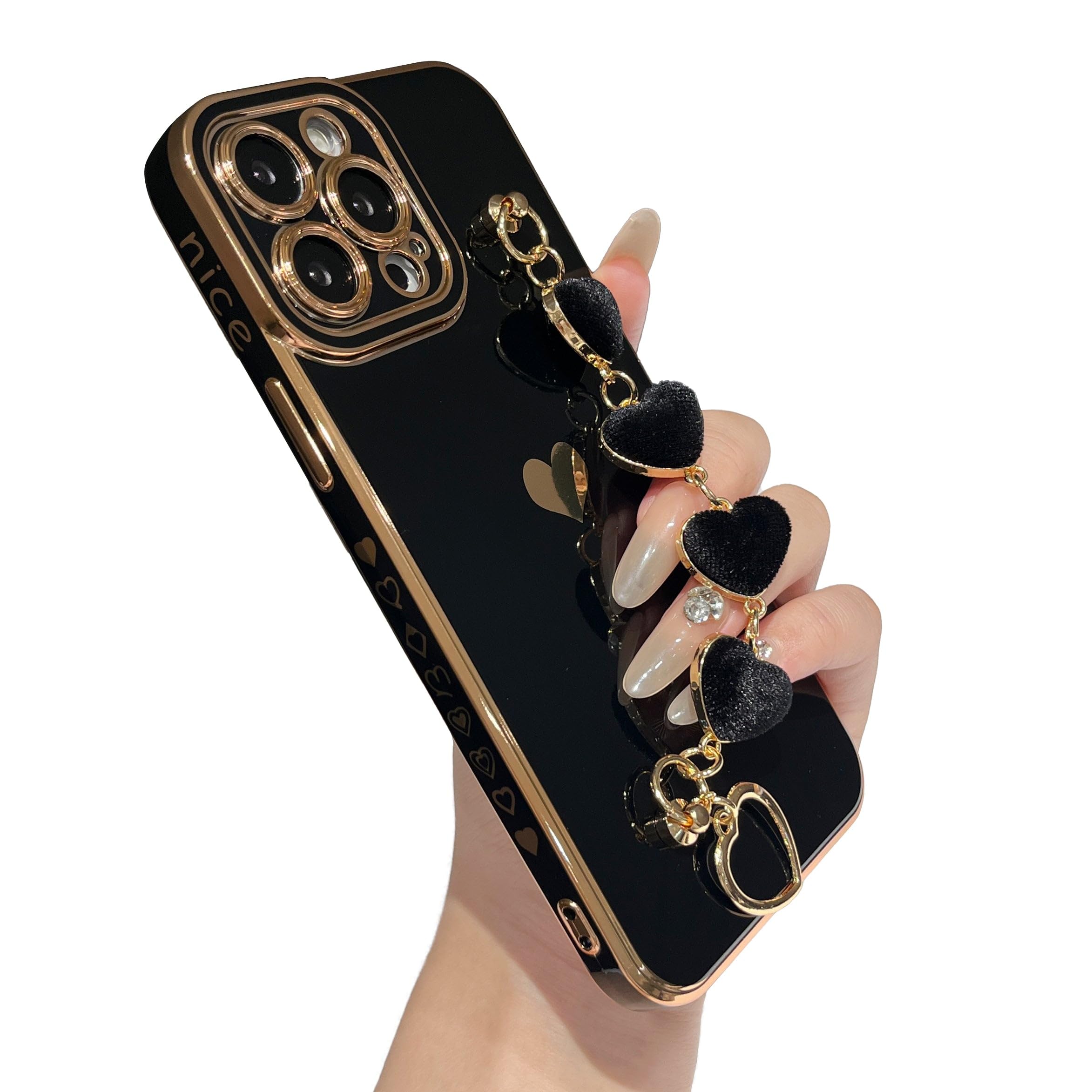 Caseative for iPhone 13 Pro Max Case,Cute Plating Love Heart Wrist Strap Chain Bracelet Phone Case (Black)