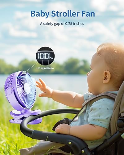 Miniatura 9 de SWEETFULL Ventilador portátil con clip, ventilador de cochecito a batería, pequeño ventilador recargable de 4000 mAh con pantalla LED, 4