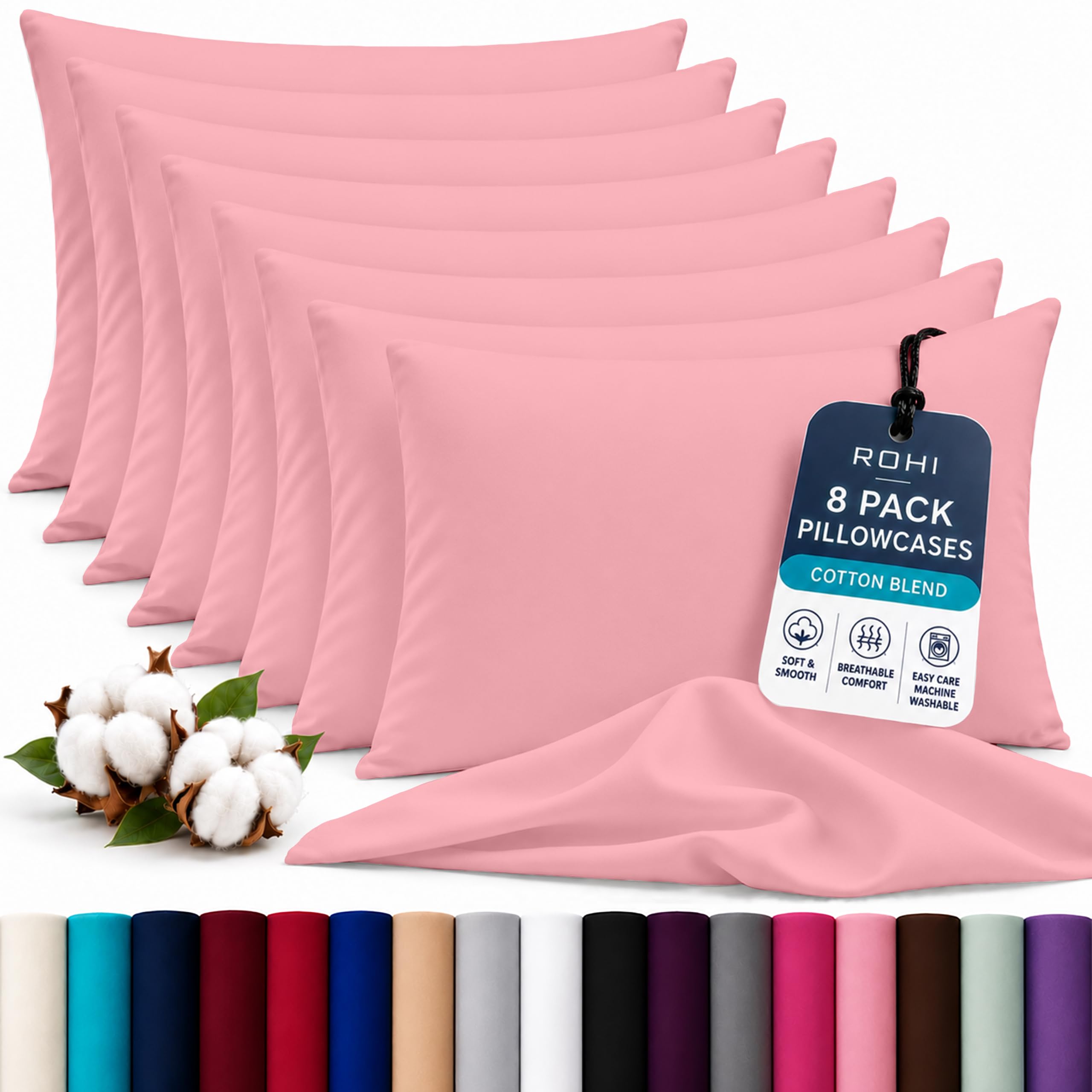 Rohi Luxury Pink Pillow Cases 8 Pack - (50×75cm) | Soft & Comfy Cotton Blend Pillow Covers with Envelope Closure | Breathable, Anti-Allergy, Fade & Wrinkle Resistant