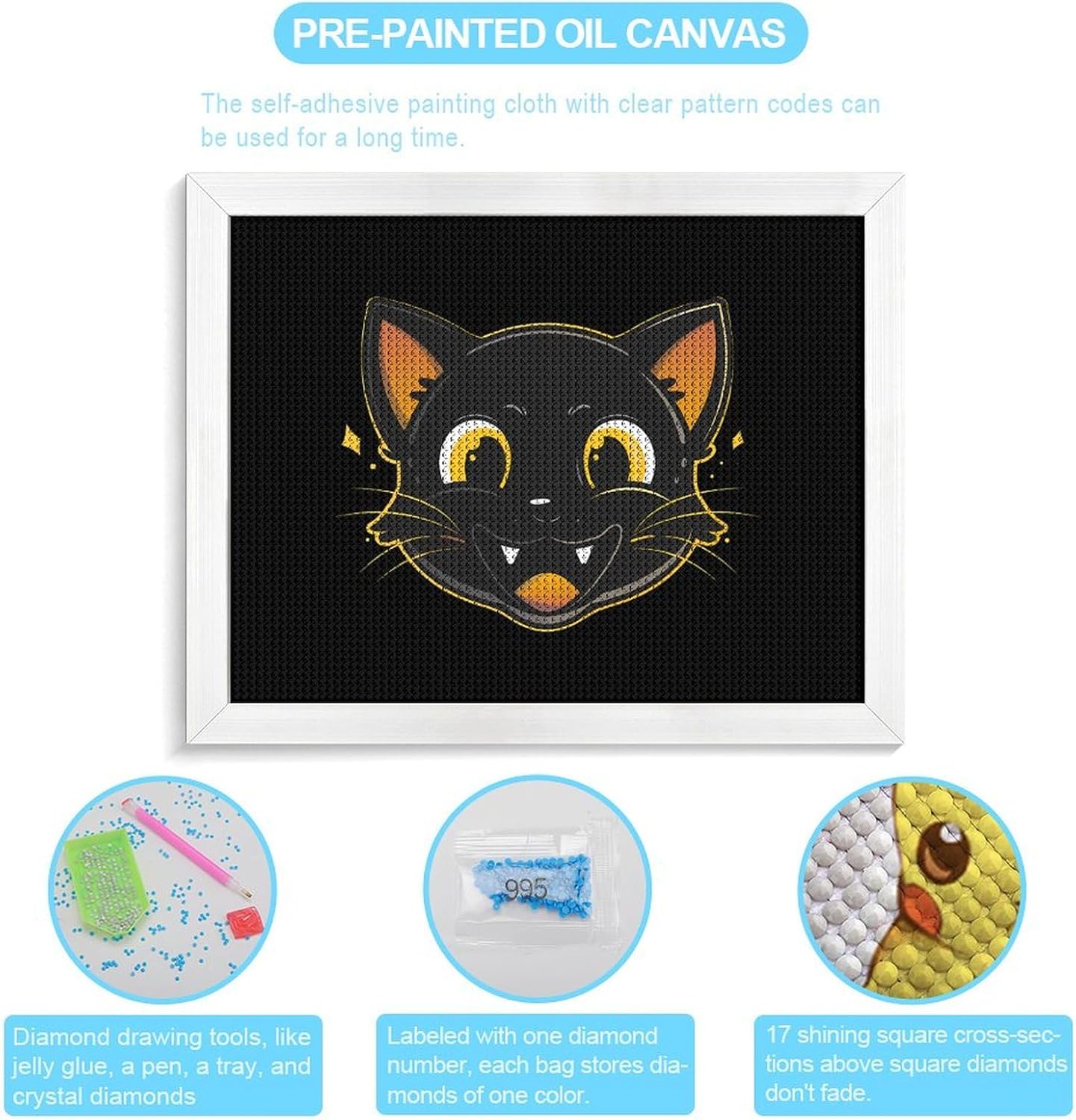 Naughty Black Cat Printed Diamond 5D Painting Kit 16x20in DIY Full Drill Craft with Tools for Home Wall Decor Gift White Wood 50 * 40cm