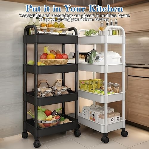 Miniatura 5 de BEITSLEE Carrito de almacenamiento utilitario de 4 niveles, carrito de almacenamiento con asa y ruedas bloqueables, carrito organizador de