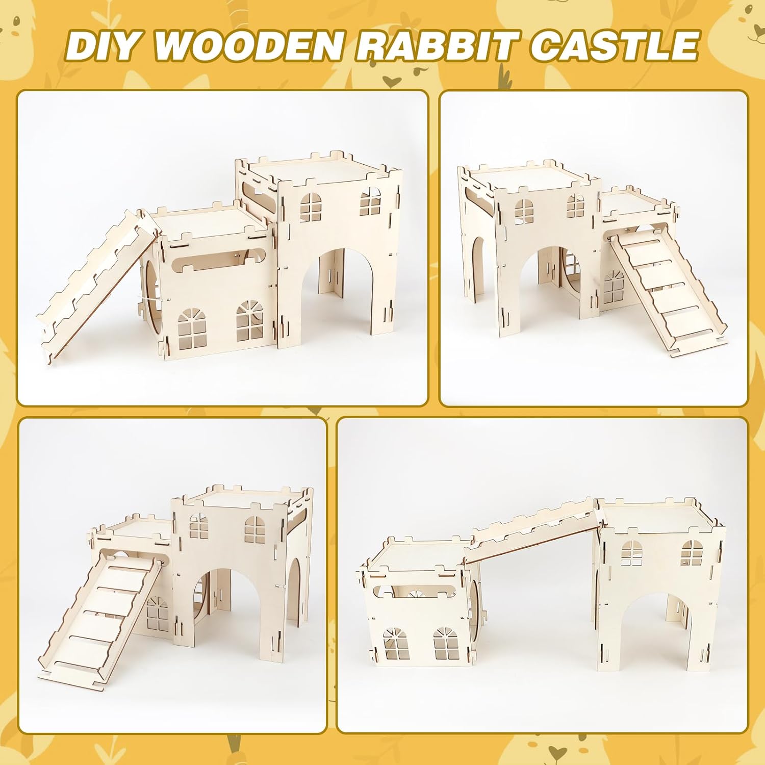 BWOGUE Extra Large Wooden Bunny Castle Hideout Split Balcony for Indoor Bunnies, Multistory Climbing Tower Hideout with Stairs, Ventilated Sturdy House for Rabbits Guinea Pigs and Chinchillas