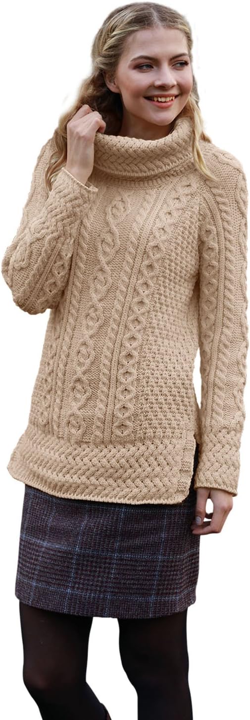 McLaughlin's Irish Shop Aran Sweater for Women - 100% Merino Wool Vented Roll Neck - Cable Knit Pullover Jumper (Small, Wicker)