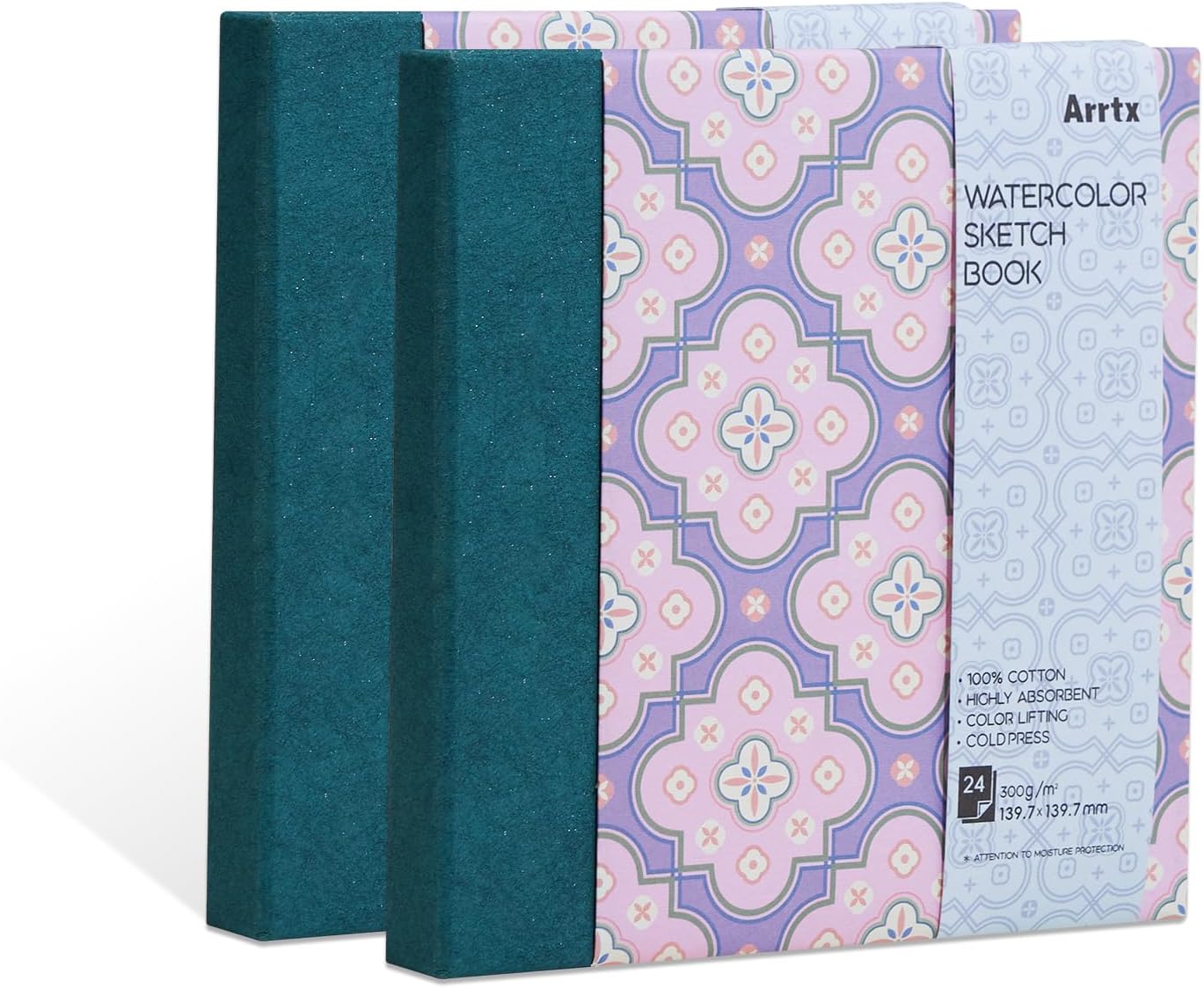 2 Pack Arrtx Square Watercolor Sketchbook, 5.47x5.47'', 140 LB, 300 GSM, 100% Cotton Paper, Cold Press, 48 Sheets, Hardcover Watercolor Journal for Use As Travel Notebook for Artists Adults Students