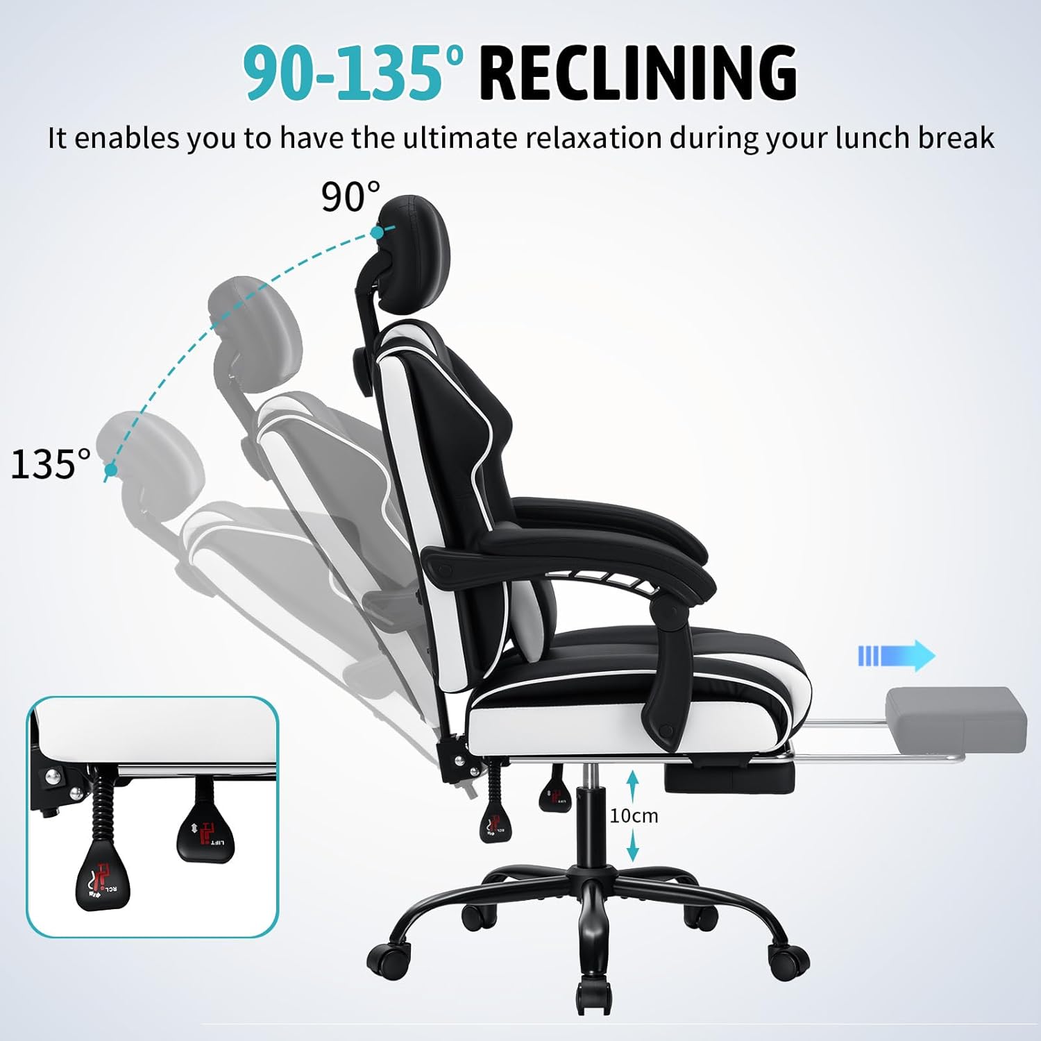 HOFFREE 400lbs Computer Office Chair for Teens Ergonomic Office Chair with Foot Rest Reclining Desk Chair with Adjustable Headrest,Linkage Armrests,Lumbar Support for Home,Study Room,Black-White