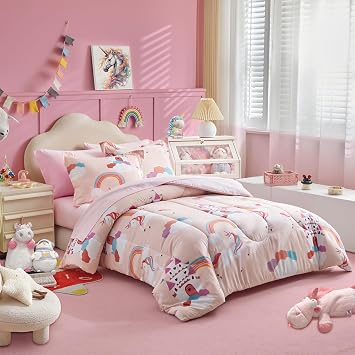 Girls Bed in a Bag Queen Size Pink Unicorn Comforter Set with Castle and Rainbow - Soft 7 Pcs Princess Bedding Set 1 Comforter, 2 Pillow Shams, 1 Flat Sheet, 1 Fitted Sheet, 2 Pillowcases