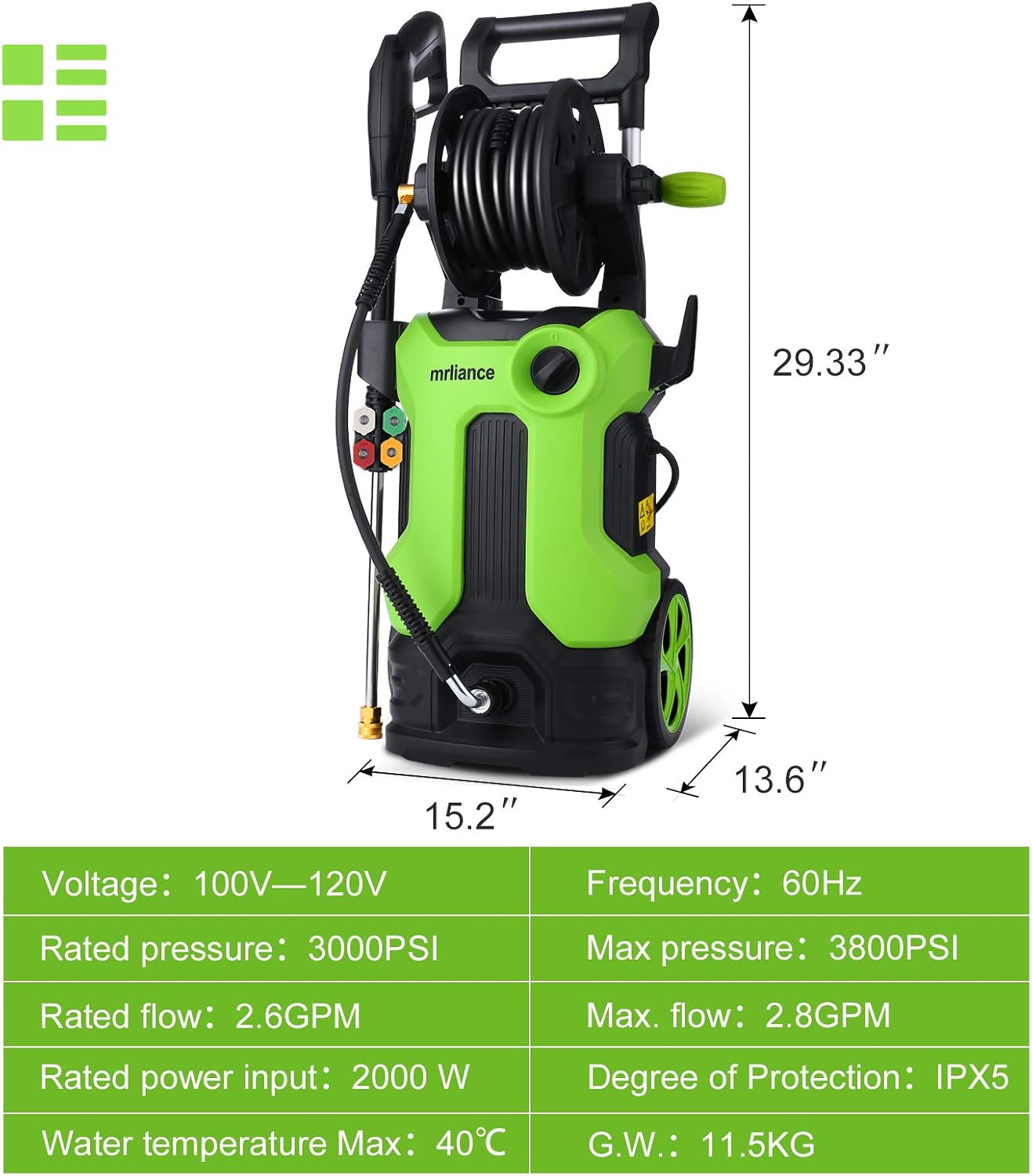 Uр Tо 40% оƒƒ mrliance 3800psi Electric Pressure Washer 2000W 2.8GPM Power Washer Cleaner Machine with Hose Reel, 4 Adjustable Nozzles, Telescopic Rod and Soap Bottle, Green