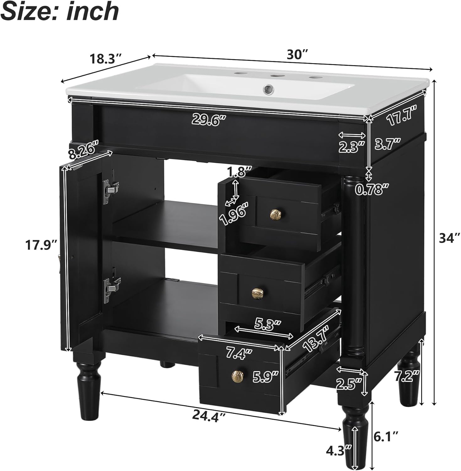Virubi 30" Mid Century Modern Bathroom Vanity with Sink, Soft Closing Doors and Drawers, Solid Wood and MDF Farmhouse Single Bathroom Sink Cabinet with Storage, Adjustable Shelf, Freestanding (Black)