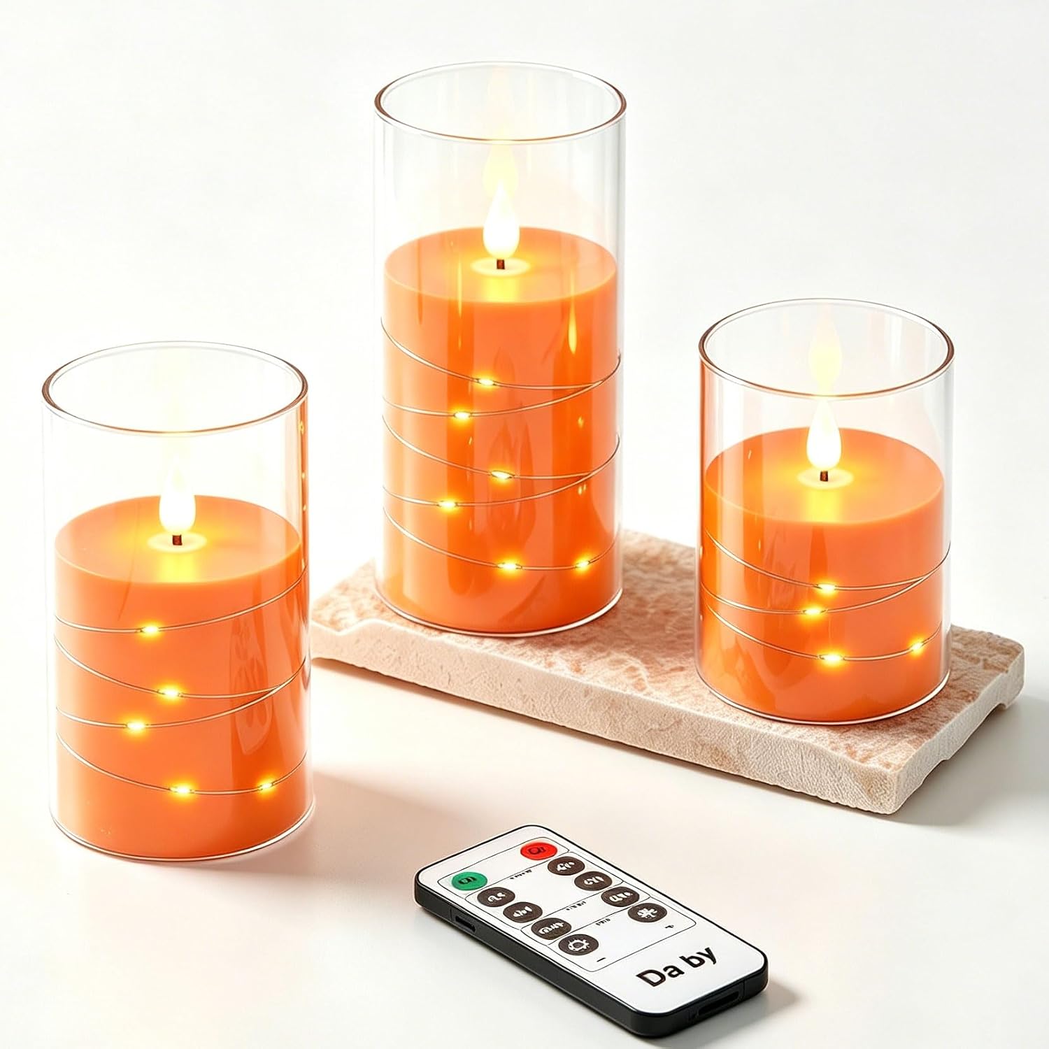 Da by 3 Pack Ivory Transparent Acrylic Flameless Taper Candles, Flickering Black Wick LED Candles with Fairy String Lights, Heat Resistant ABS Candles with Remote for Home Patio Decor