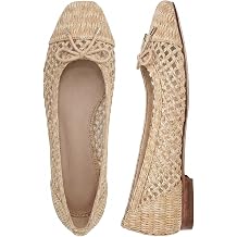 Woven Ballet Flats Shoes for Women Raffia Square Toe Dress Shoes with Bow Comfortable Slip on Flats