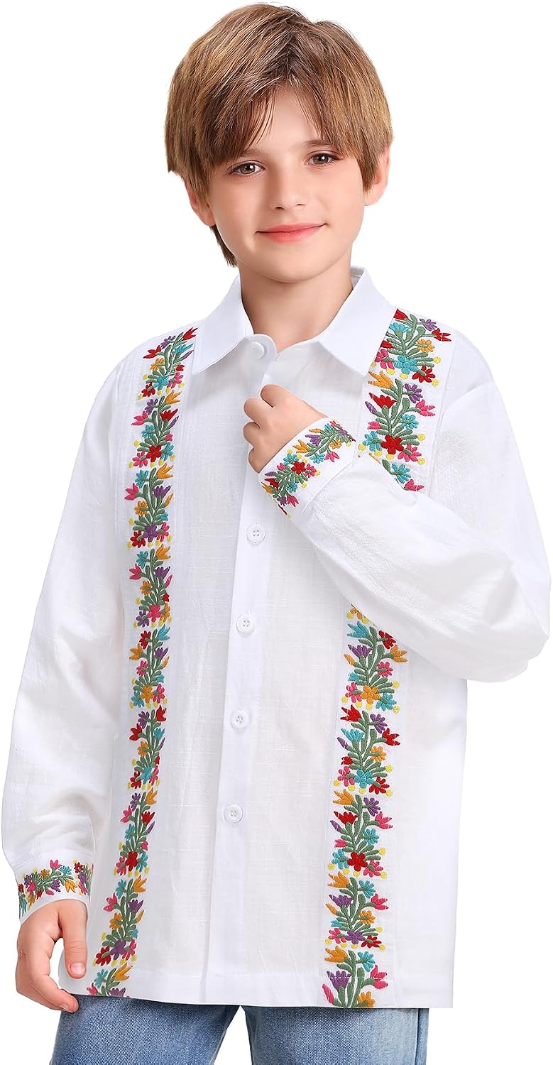 Mexican Shirts for Boys Guayabera Traditional Embroidered Kid Cinco De Mayo Fiesta Collared Long Sleeve