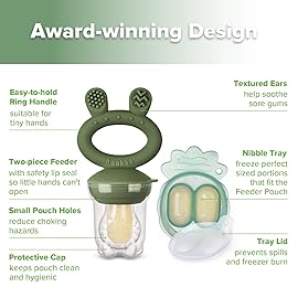 Haakaa Baby Fruit Food Feeder & Mini Freezer Nibble Tray Combo, Breastmilk Popsicle Molds for Baby Cooling Relief, BPA Free Silicone Feeder for Safe Infant Self Feeding, 4 Month+(Olive Green)